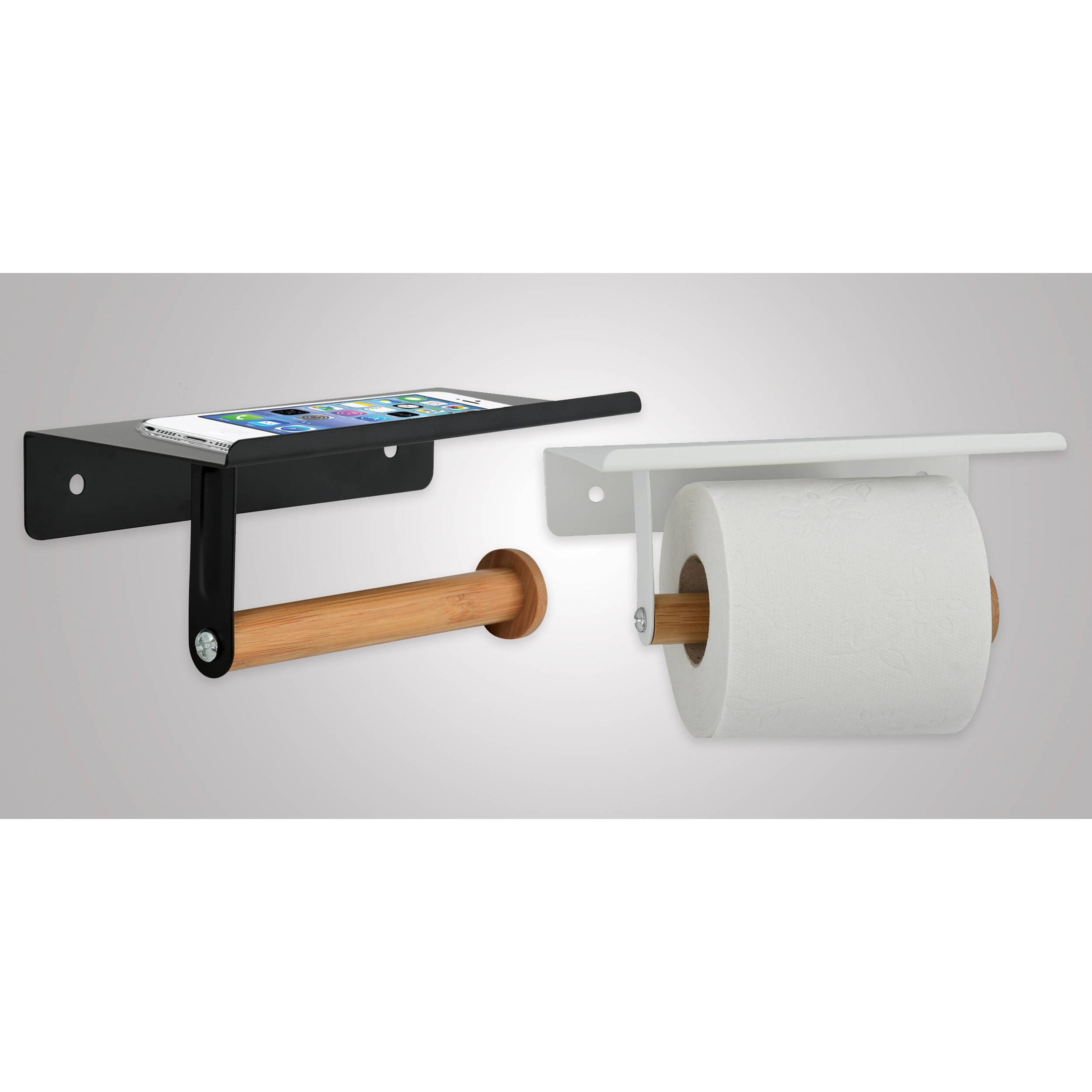 Wandmontierte Toilettenpapierhalter mit oberer Ablage, gezeigt in schwarzer und weißer Ausführung.
