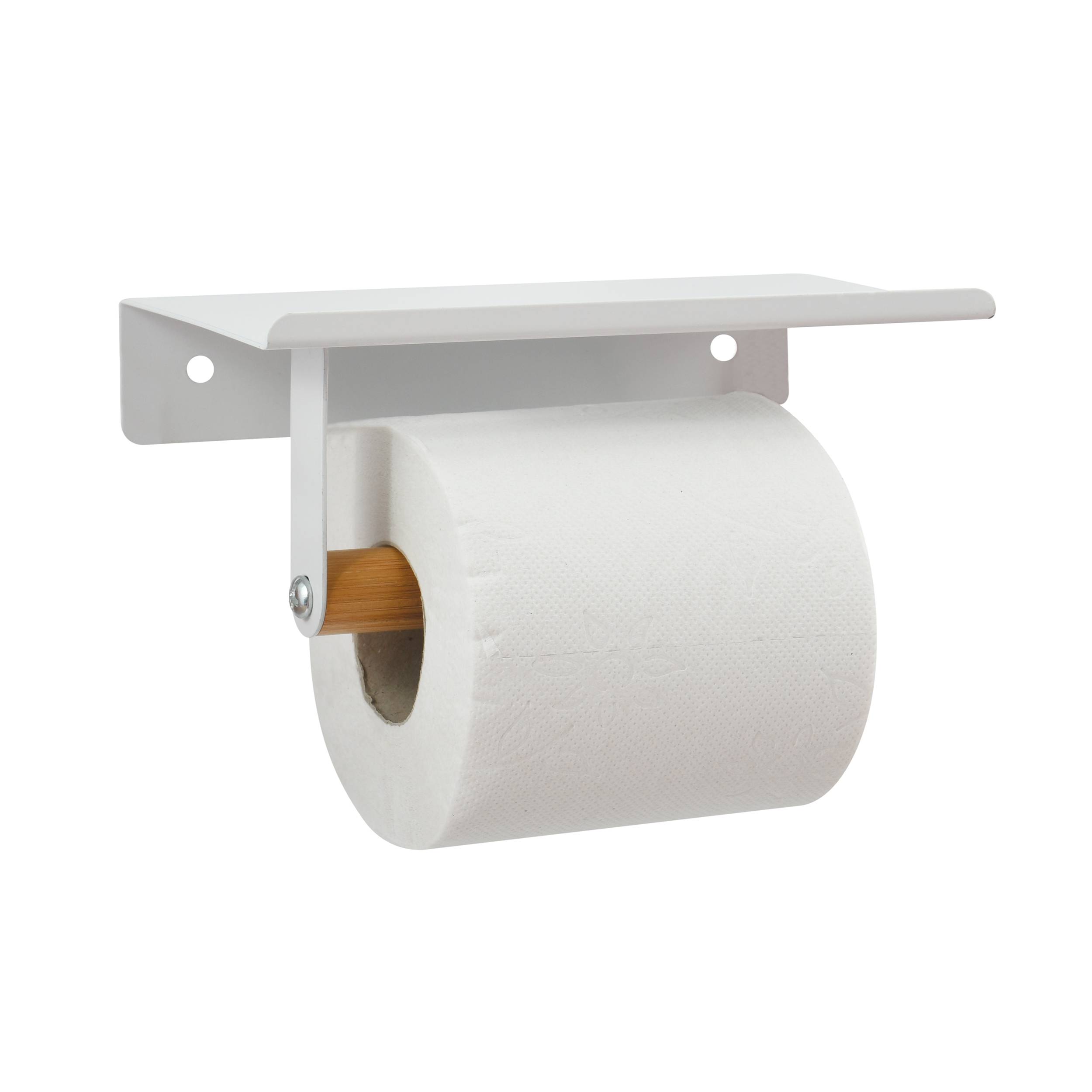 Wandmontierter Toilettenpapierhalter mit einer Rolle weißem Toilettenpapier auf einem Metallregal und einer Halterung.