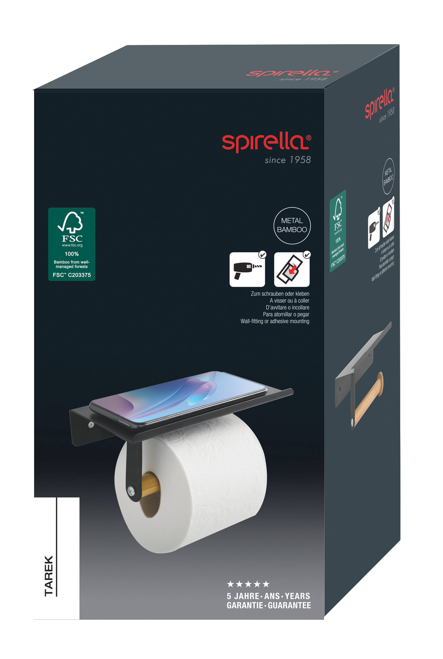 Spirella Tarek Toilettenpapierhalter-Box mit wandmontiertem Regal, abgebildet auf der Verpackung mit Produktfoto und FSC-Bambus-/Metall-Etiketten.