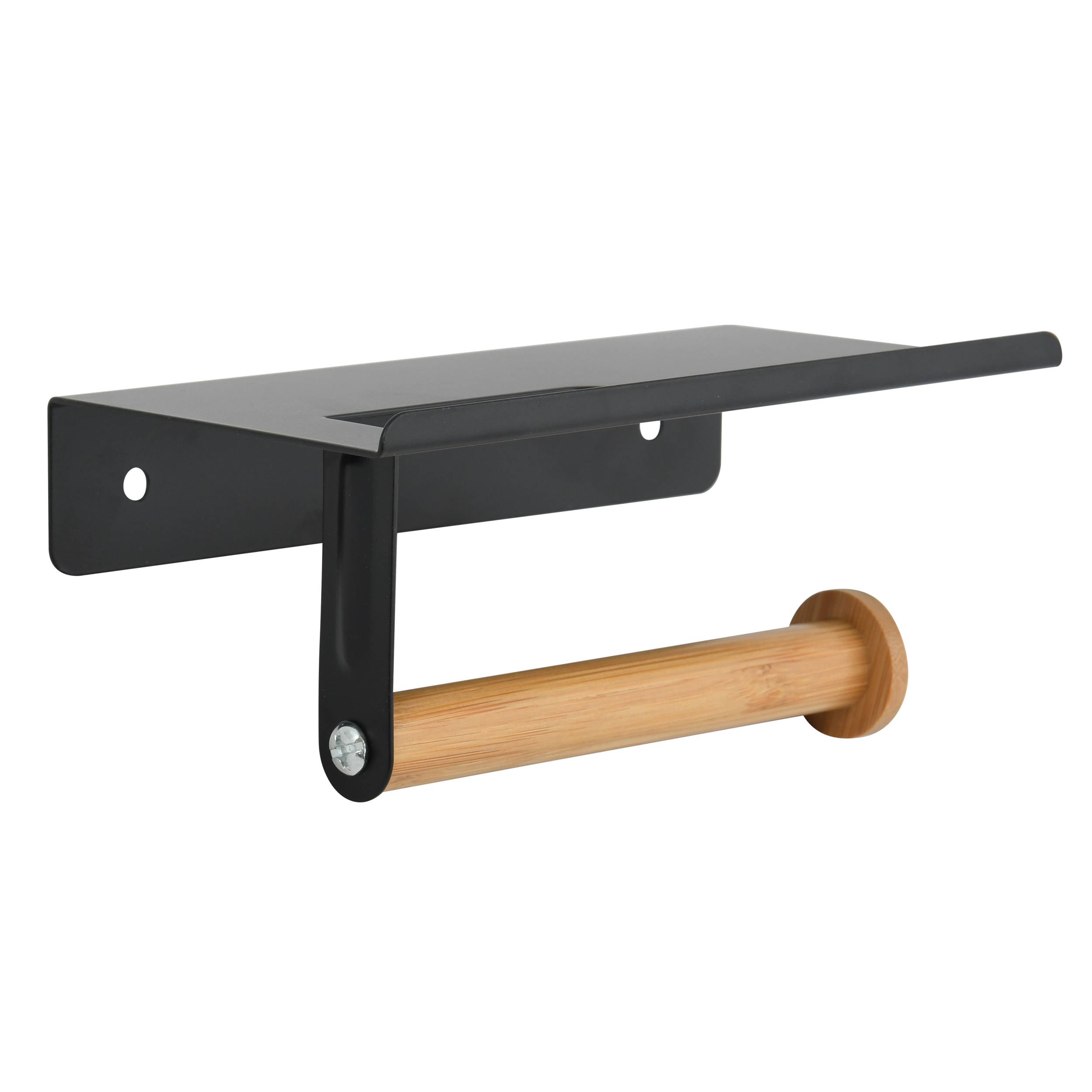 Schwarze an der Wand montierte Regalbefestigung mit einer Holzstützleiste und Schrauchlöchern, auf weißem Hintergrund dargestellt.