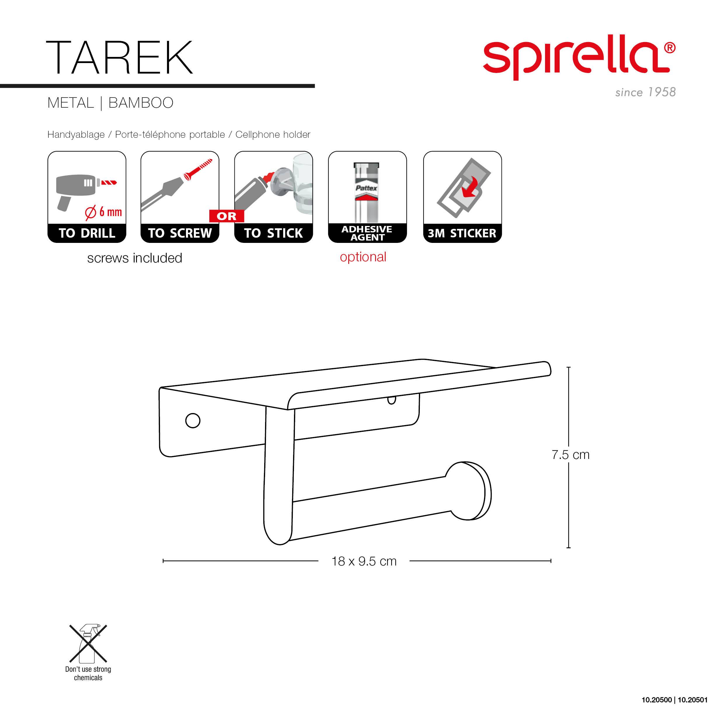 Spirella Tarek Toilettenpapierhalter aus Metall und Bambus, mit Installationsmöglichkeiten zum Bohren, Schrauben, Kleben oder mit 3M-Kleber; Abmessungen 18 x 9,5 cm, 7,5 cm hoch.