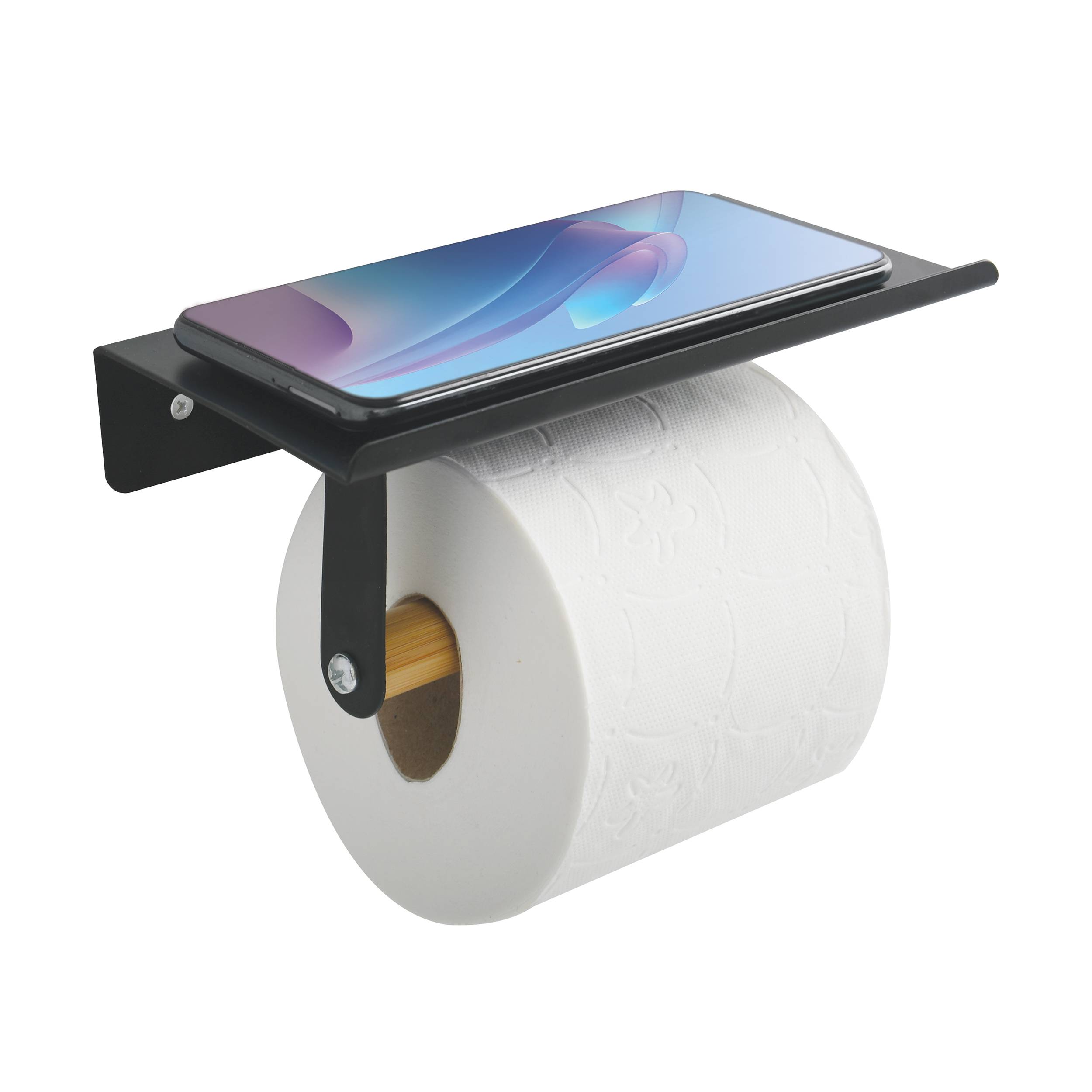 Smartphone-Regal an der Wand über einem Toilettenpapierrollenhalter montiert, das Telefonspeicher mit Zugang zu Papiertüchern kombiniert.