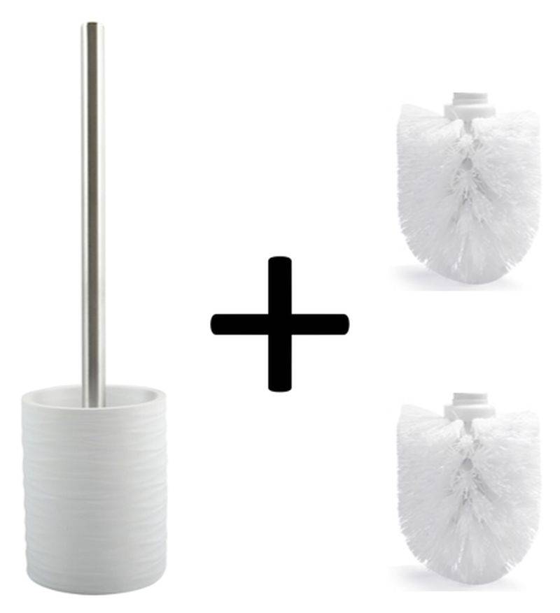 Toilettenbürsten-Set: weißer Behälter mit Metallgriff plus zwei Ersatzbürstenköpfe, wie auf der rechten Seite gezeigt.
