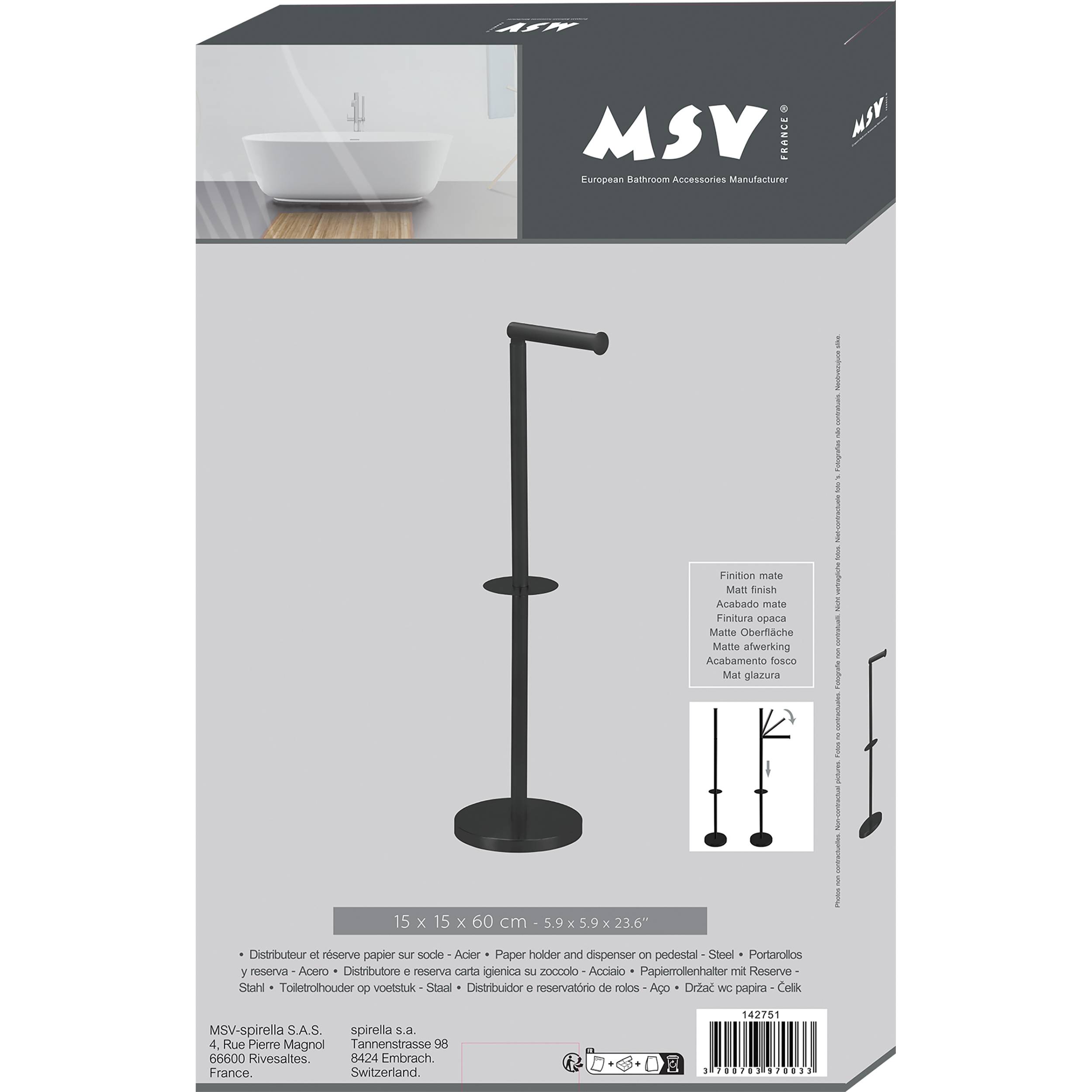 MSV Standtoilettenpapierhalter in mattschwarz, gezeigt auf der Produktverpackung mit Abmessungen 15 x 15 x 60 cm und einem kleinen Montageschemata.