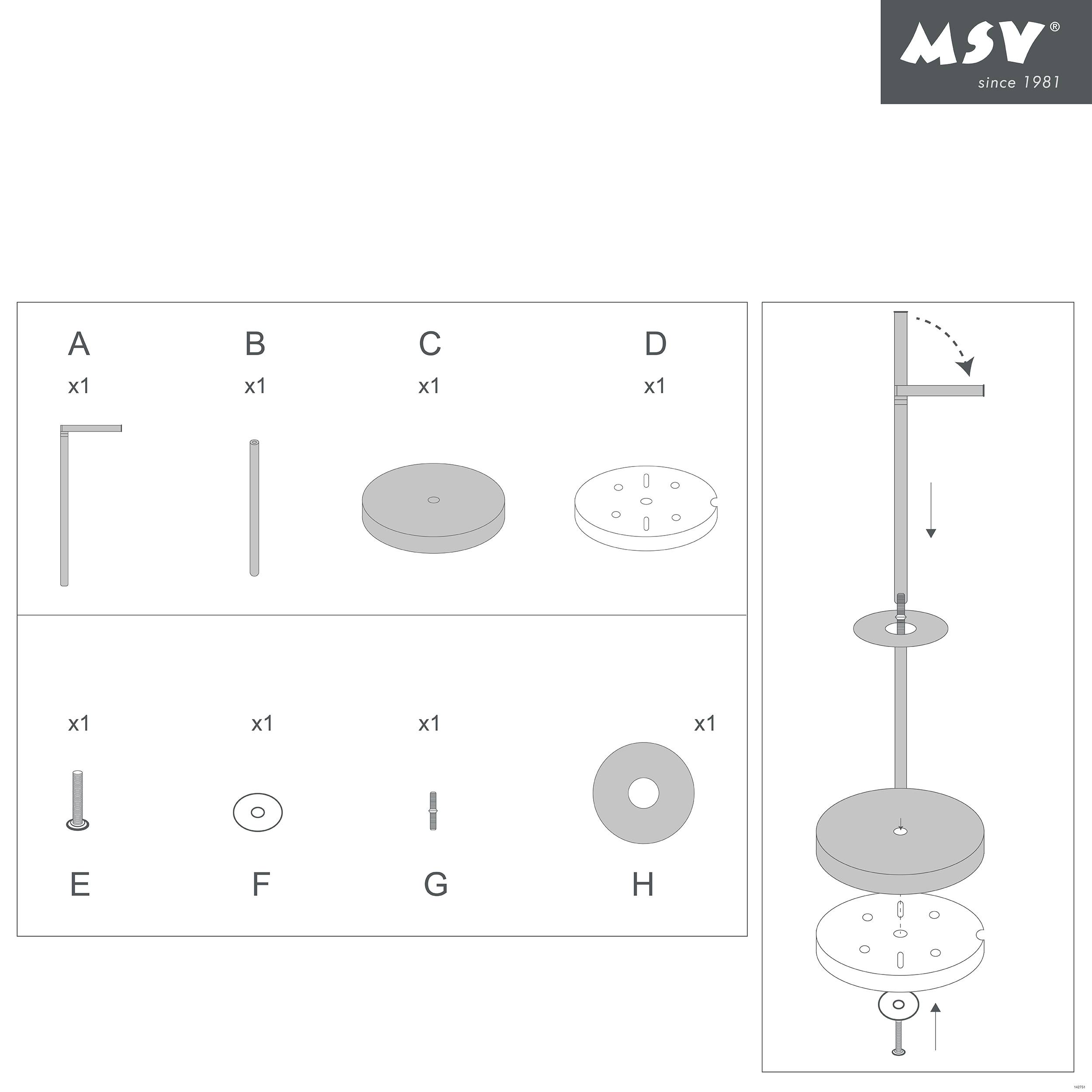Montageteile-Diagramm für einen MSV-Ständer: gekennzeichnete Komponenten A–H mit Mengenangaben und einer zentralen Illustration, die zeigt, wie Stange, Basis und Beschläge zusammenpassen.