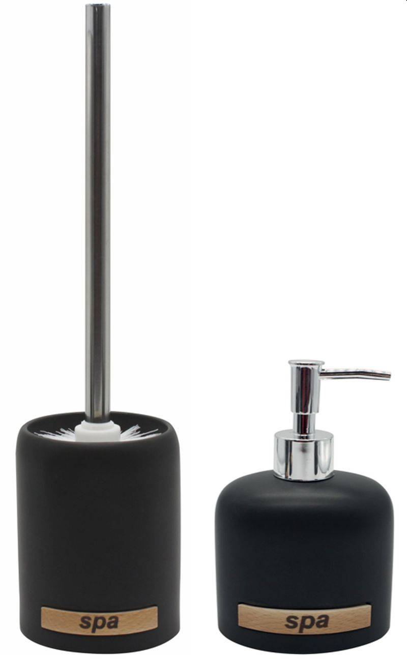 Schwarzes Badezimmerset mit Toilettenbürstenhalter und Seifenspender, beide mit Aufschriften „spa