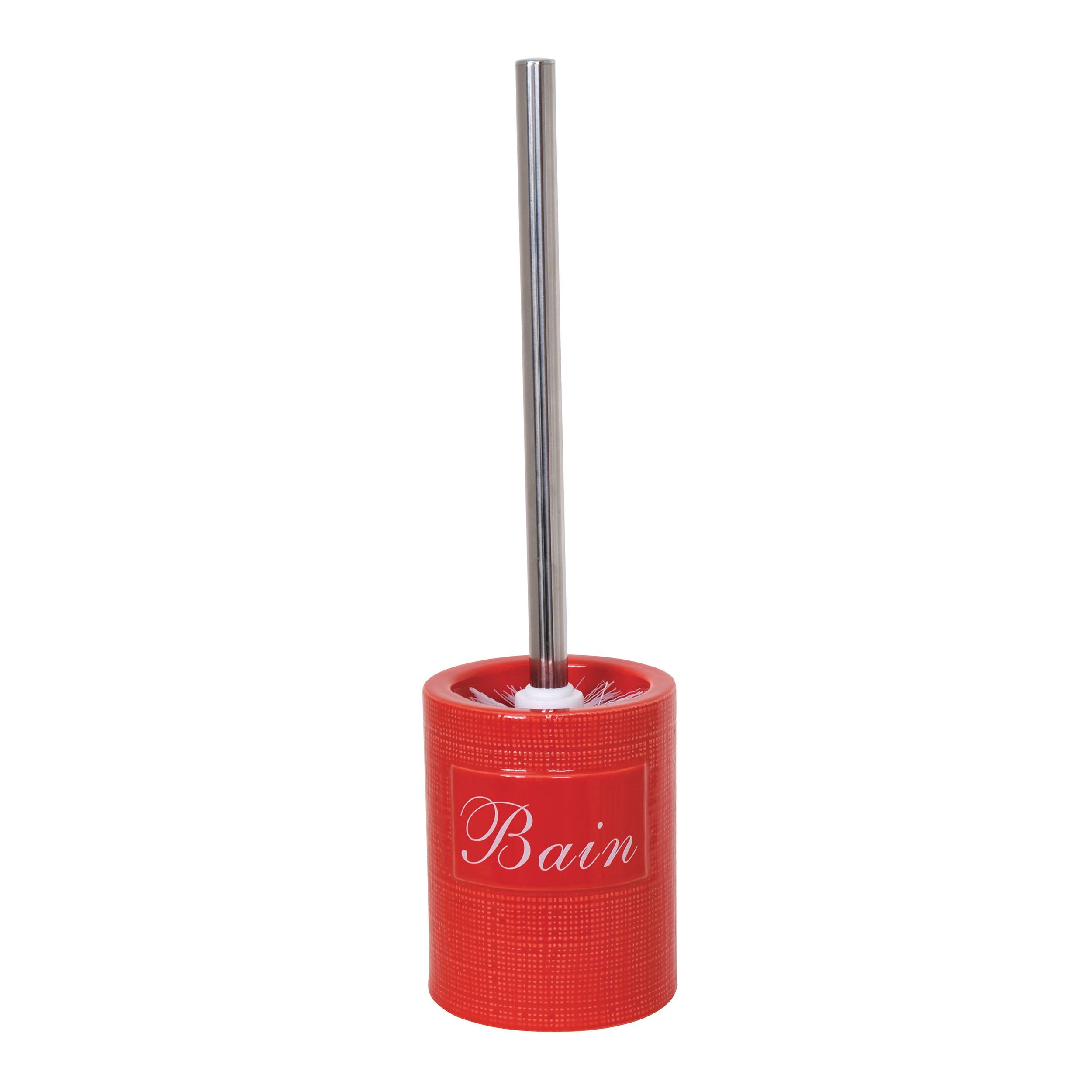 Roter Toilettenbürsten-Halter mit langem Metallgriff und dem Wort „Bain
