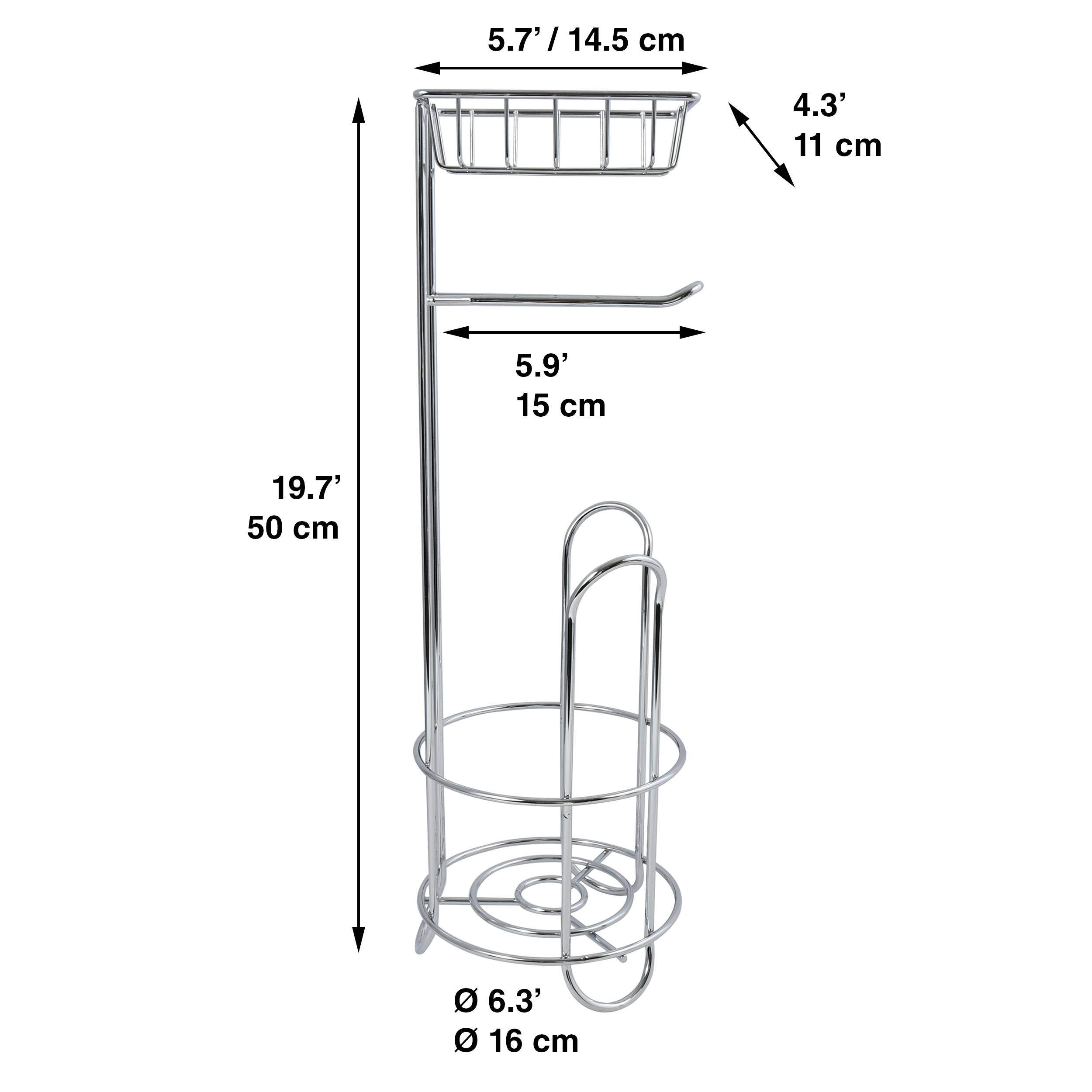 Diagramm eines verchromten Toilettenbürsten-Halters mit Behälter und Korb, zeigt Abmessungen: 19,7 Zoll Höhe, 6,3 Zoll Durchmesser, oberer Korb 5,7 mal 4,3 Zoll, Arm 5,9 Zoll lang.