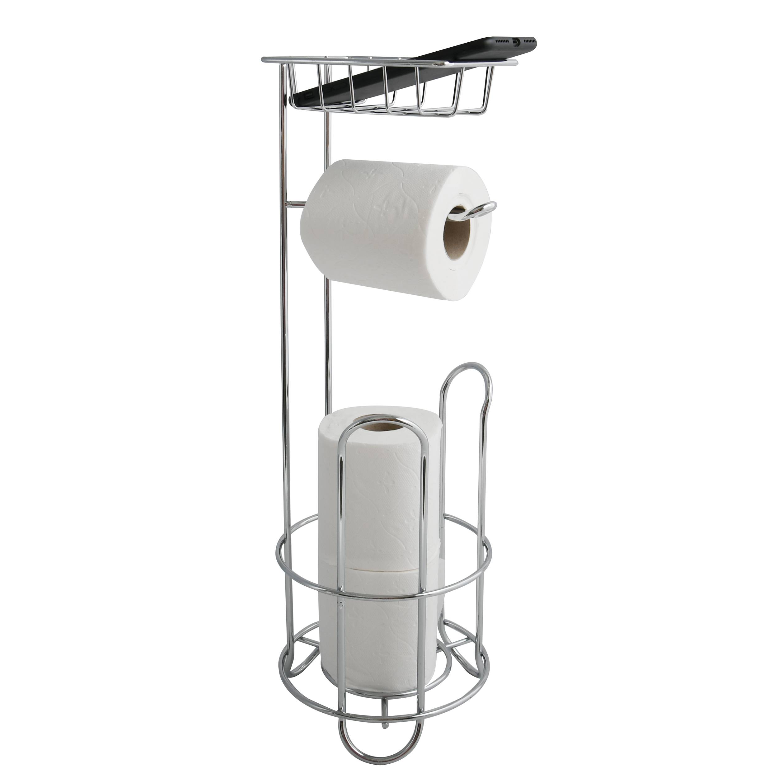 Verchromter Badezimmer-Toilettenpapierhalter mit Ablagefach oben, einer Ersatzrolle am Arm und einer Rolle im unteren Ständer.