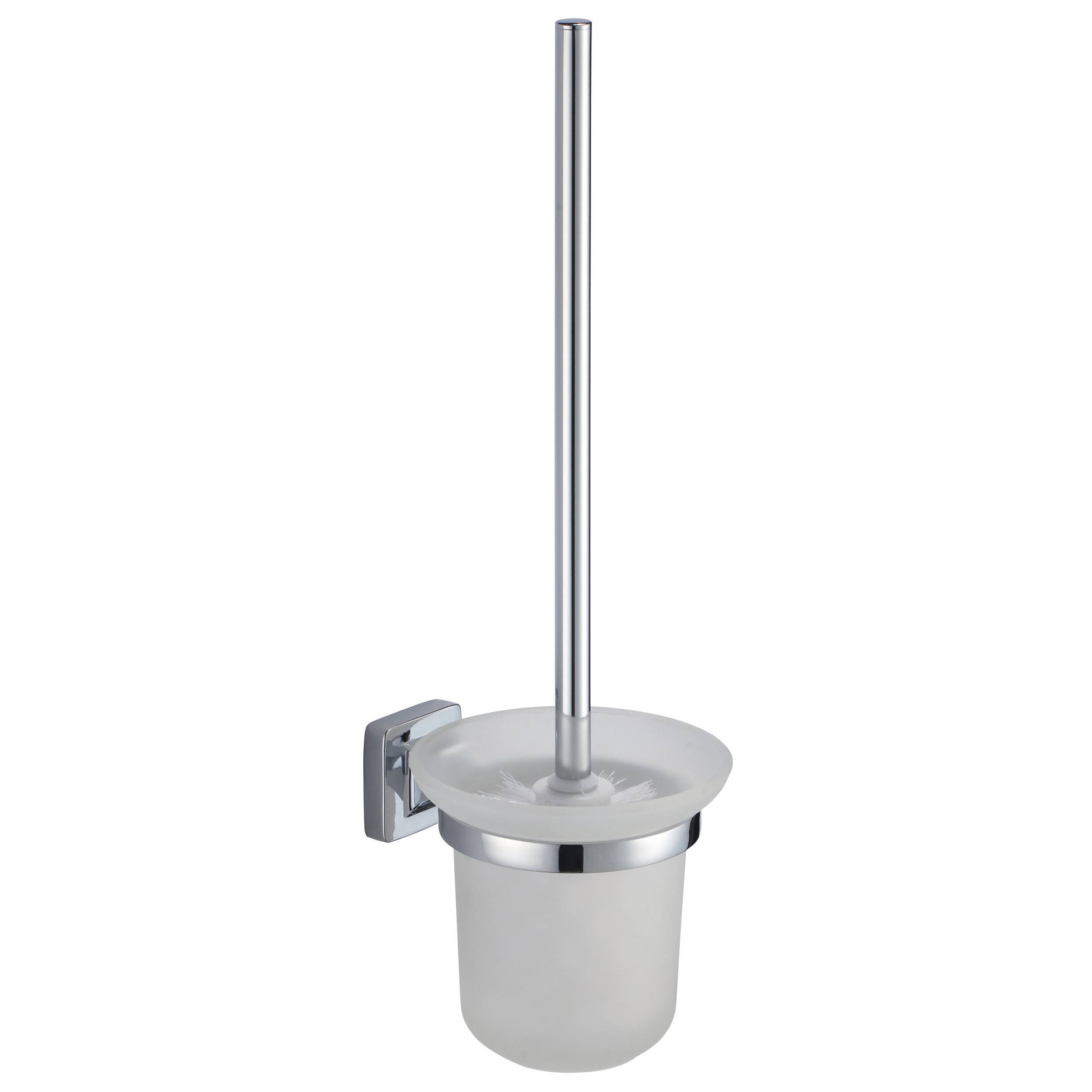 Wandmontierter Toilettenbürstenhalter mit langem Chromgriff und mattiertem Becher auf einer quadratischen Halterung.
