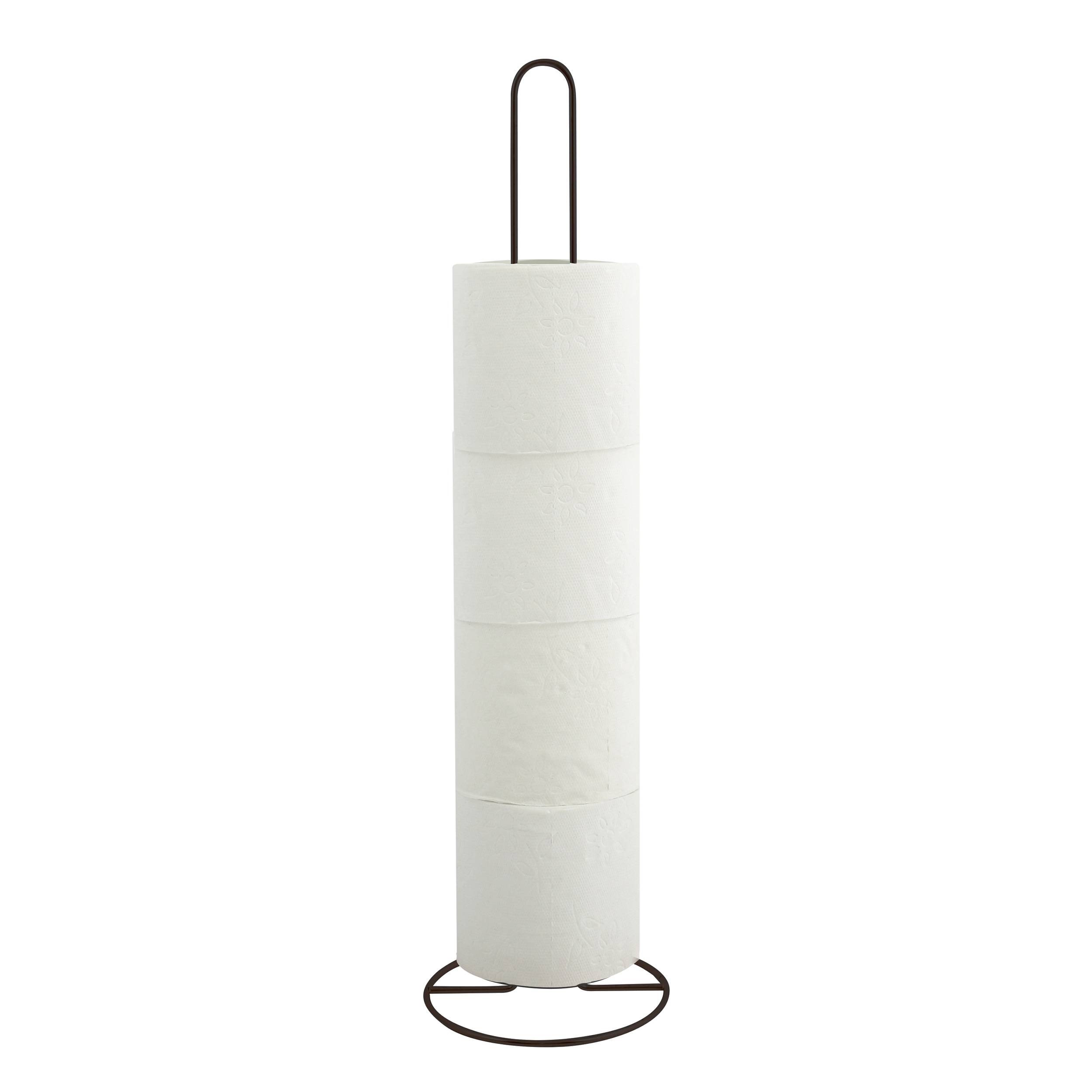 Weiße Papierhandtuchrolle auf einem schwarzen Metallständer vor einem schlichten weißen Hintergrund.