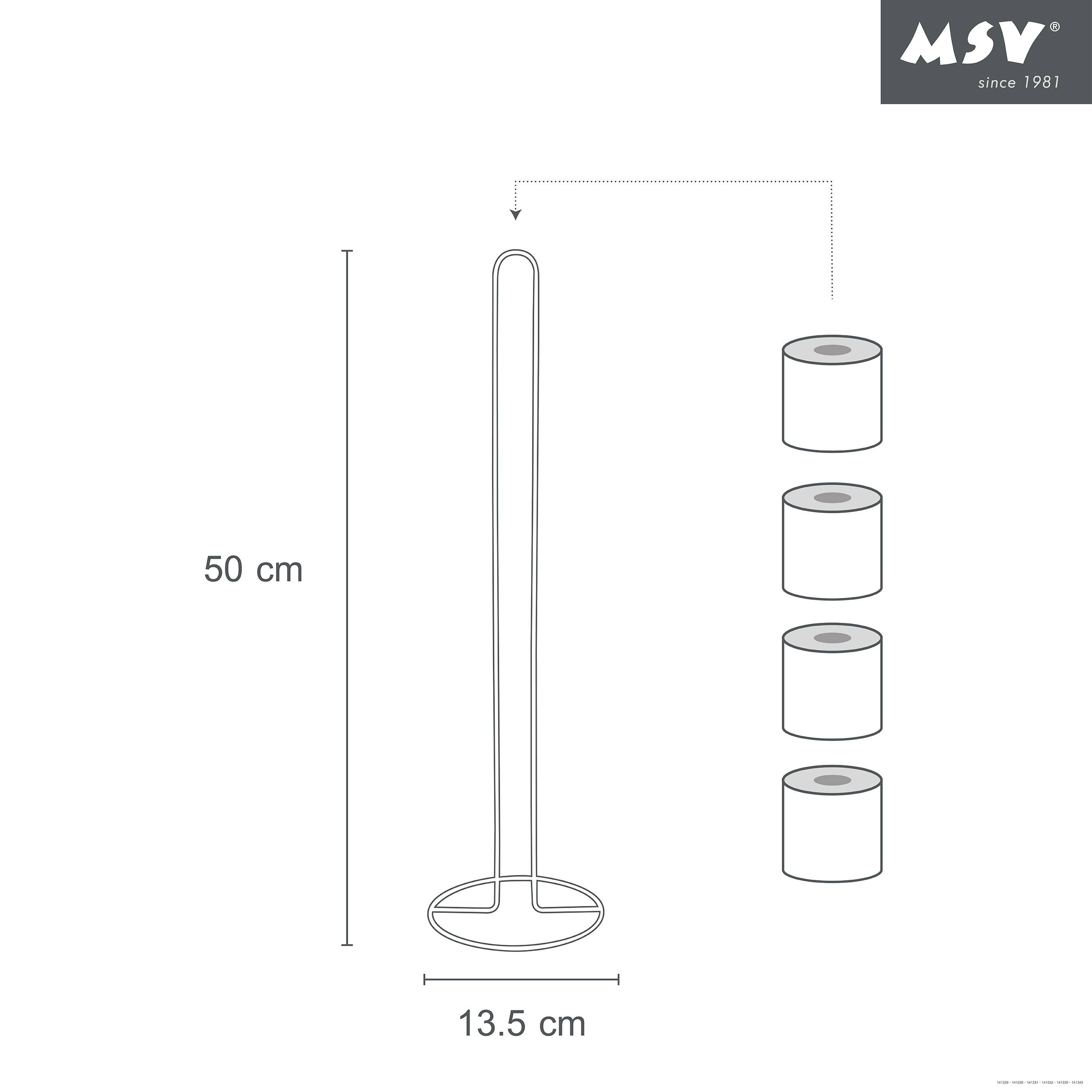 Minimalistisches Produktdiagramm eines 50 cm hohen Ständers mit einer 13,5 cm breiten Basis, dargestellt neben vier gestapelten Rollen/Zylindern und dem MSV-Logo.