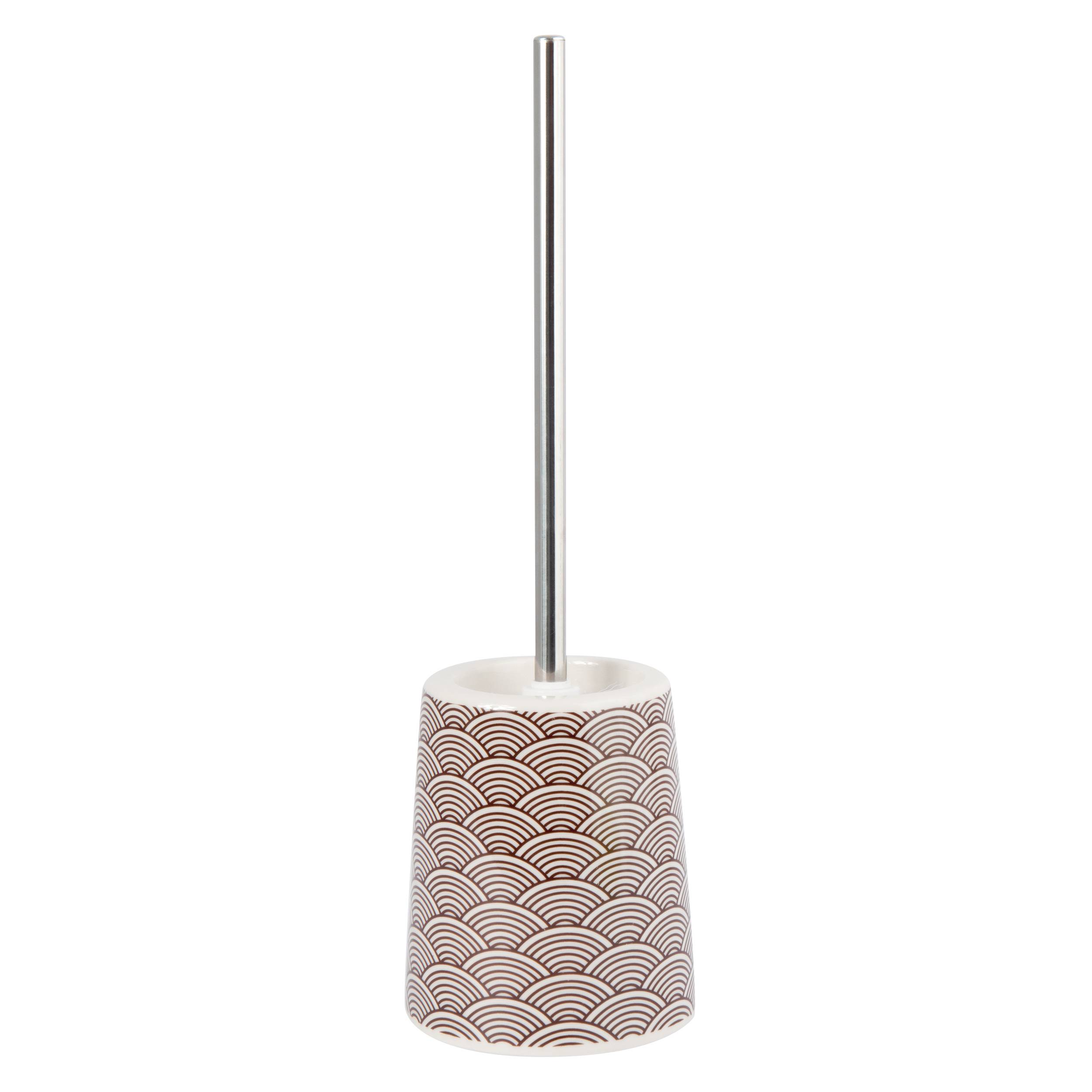 Toilettenbürste mit gemustertem Keramikhalter und Edelstahlgriff auf weißem Hintergrund.