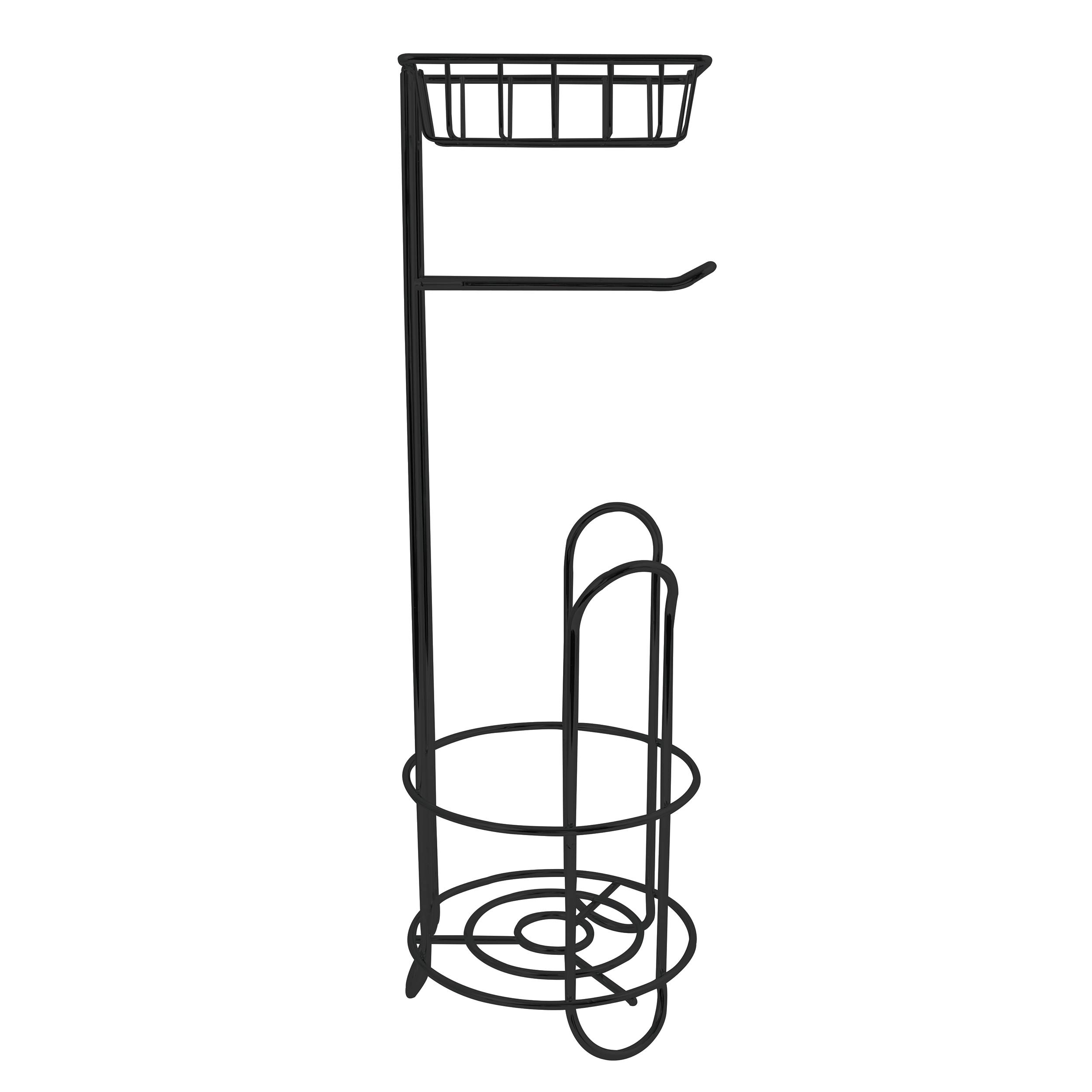 Schwarzer Metall-Badezimmerorganizer mit oberen Korb, Aufhängestange und runden Haltern für Handtücher oder Toilettenartikel.