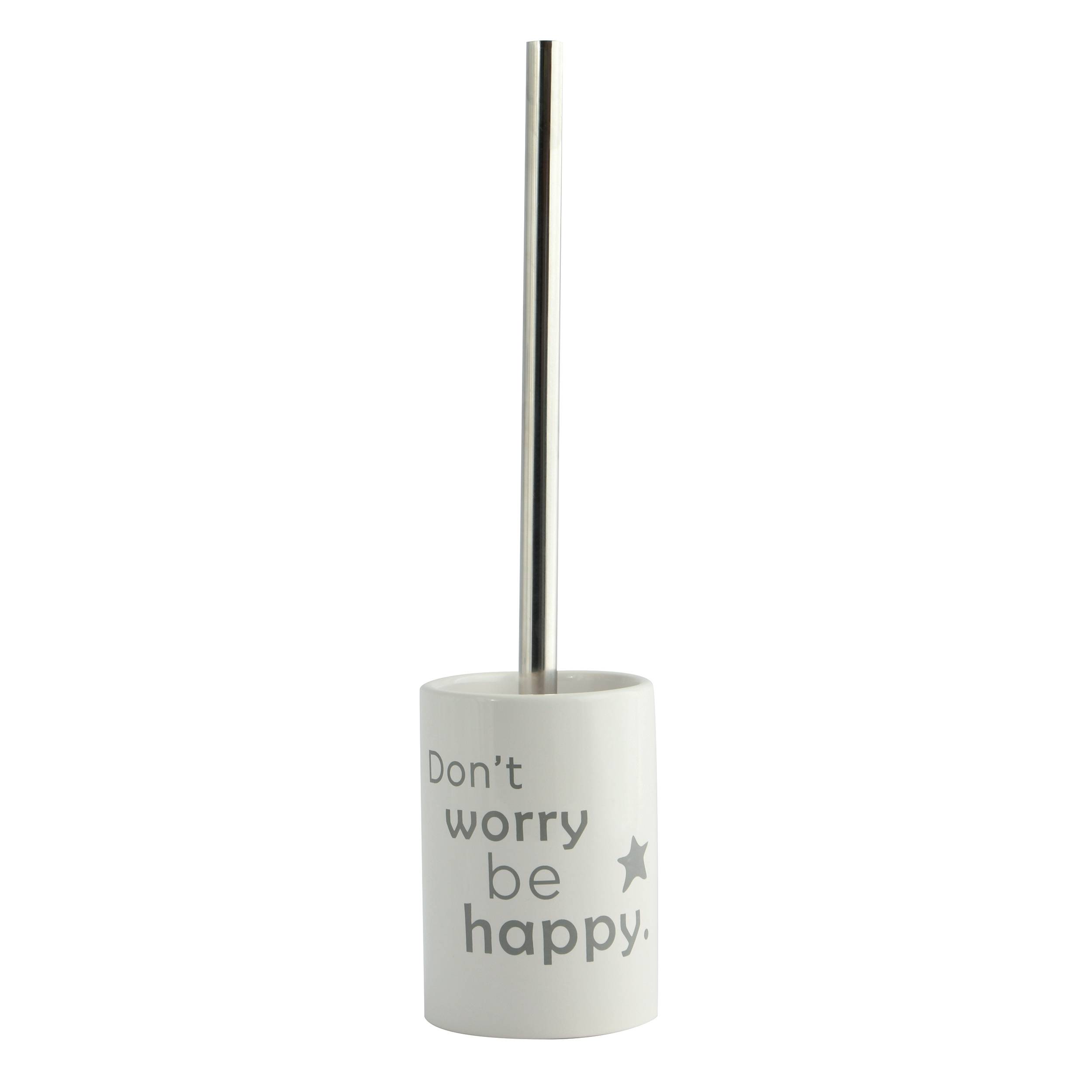 Weißer Toilettenbürsten-Behälter mit Metallgriff, bedruckt mit dem Spruch „Don't worry be happy.