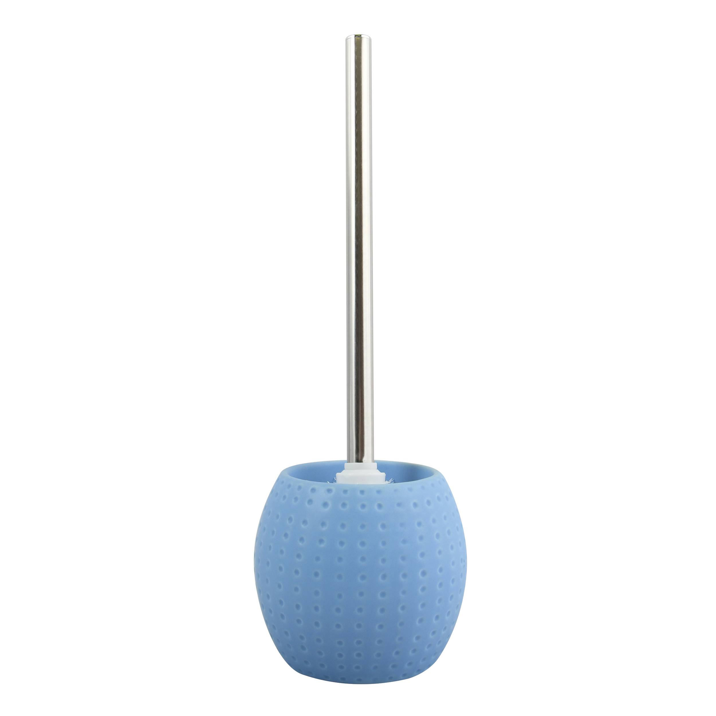 Blaue Toilettenbürste mit langem Metallstiel in einem passenden Halter auf weißem Hintergrund.