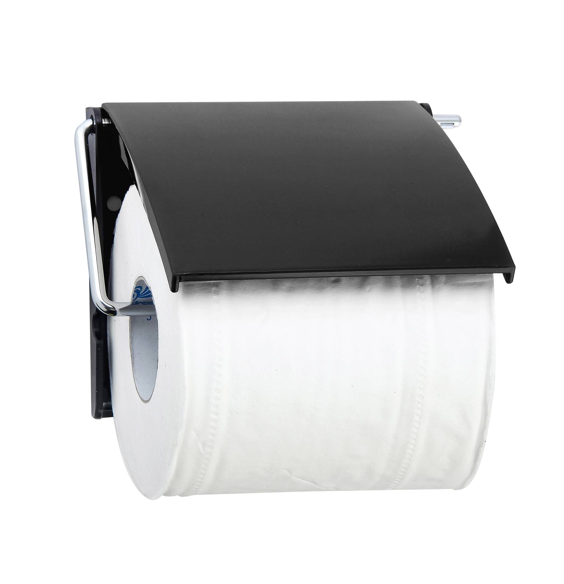 Wandmontierter Toilettenpapierhalter mit schwarzer Abdeckung und teilweise verbrauchter Rolle sichtbar