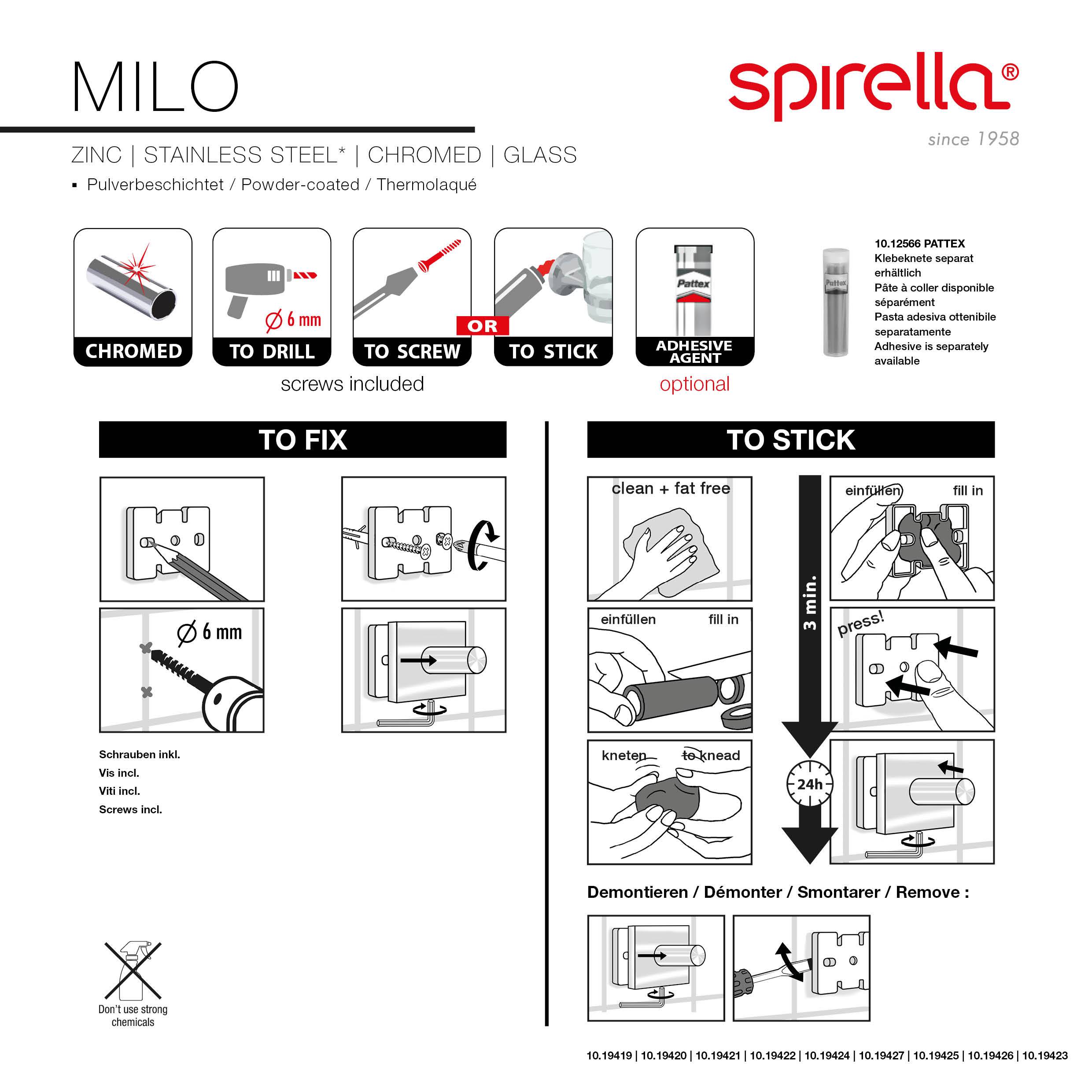 Installationsanleitung für das Wandaccessoire 'Milo' von Spirella mit Chromfinish, 6-mm-Bohrung oder Klebemontage sowie schrittweise Befestigungs- oder Klebeanleitung.