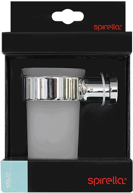 Spirella Milo Zahnputzbecher aus mattiertem Glas und Chrom in schwarzer Einzelhandelsverpackung mit Logo und Produktname.