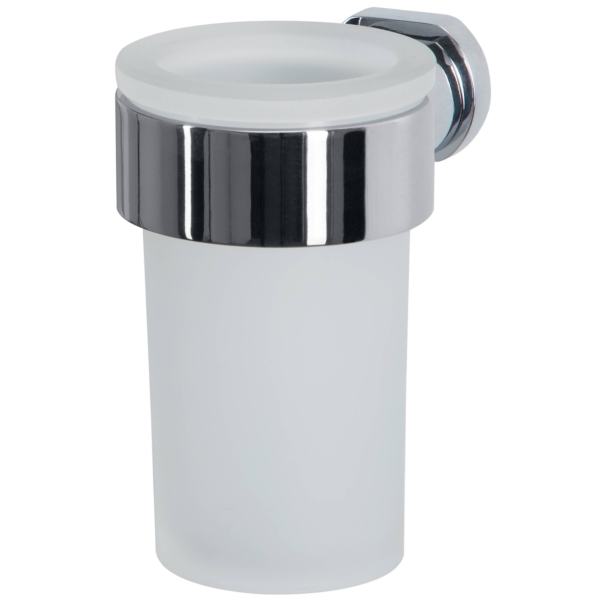 Wandmontierter Glashälter aus Chrom mit mattiertem Glasteil und reflektierendem Zylinderkragen