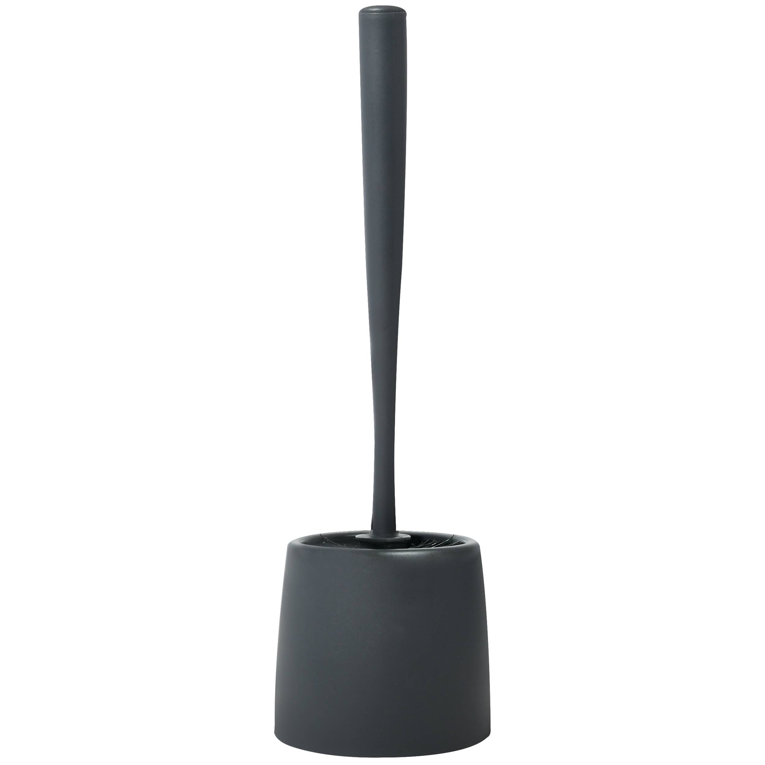 Schwarze Toilettenbürste mit zylindrischem Behälter auf weißem Hintergrund.