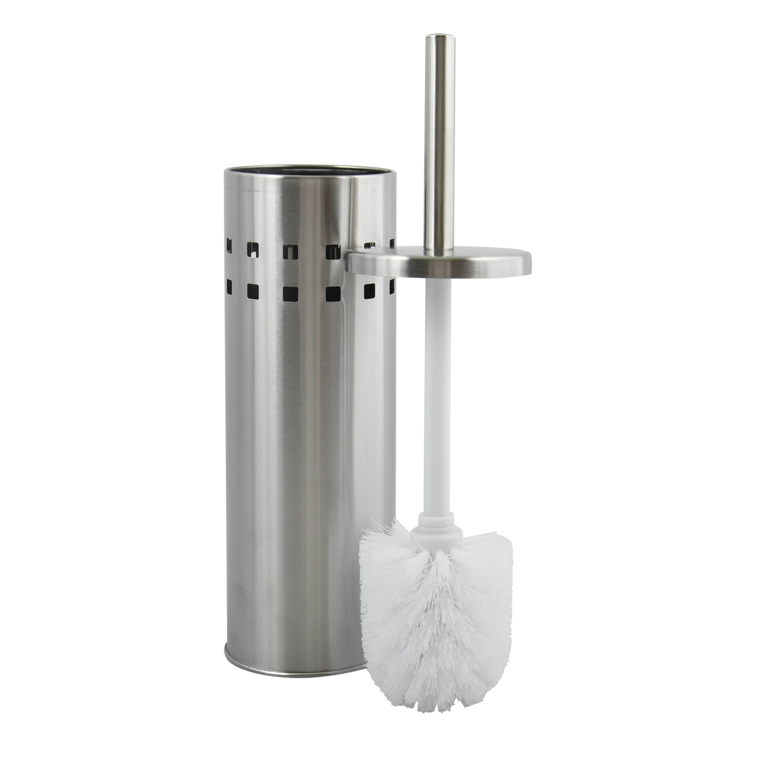 Halter für Toilettenbürste aus Edelstahl mit passender Bürste und weißen Borsten auf neutralem Hintergrund.
