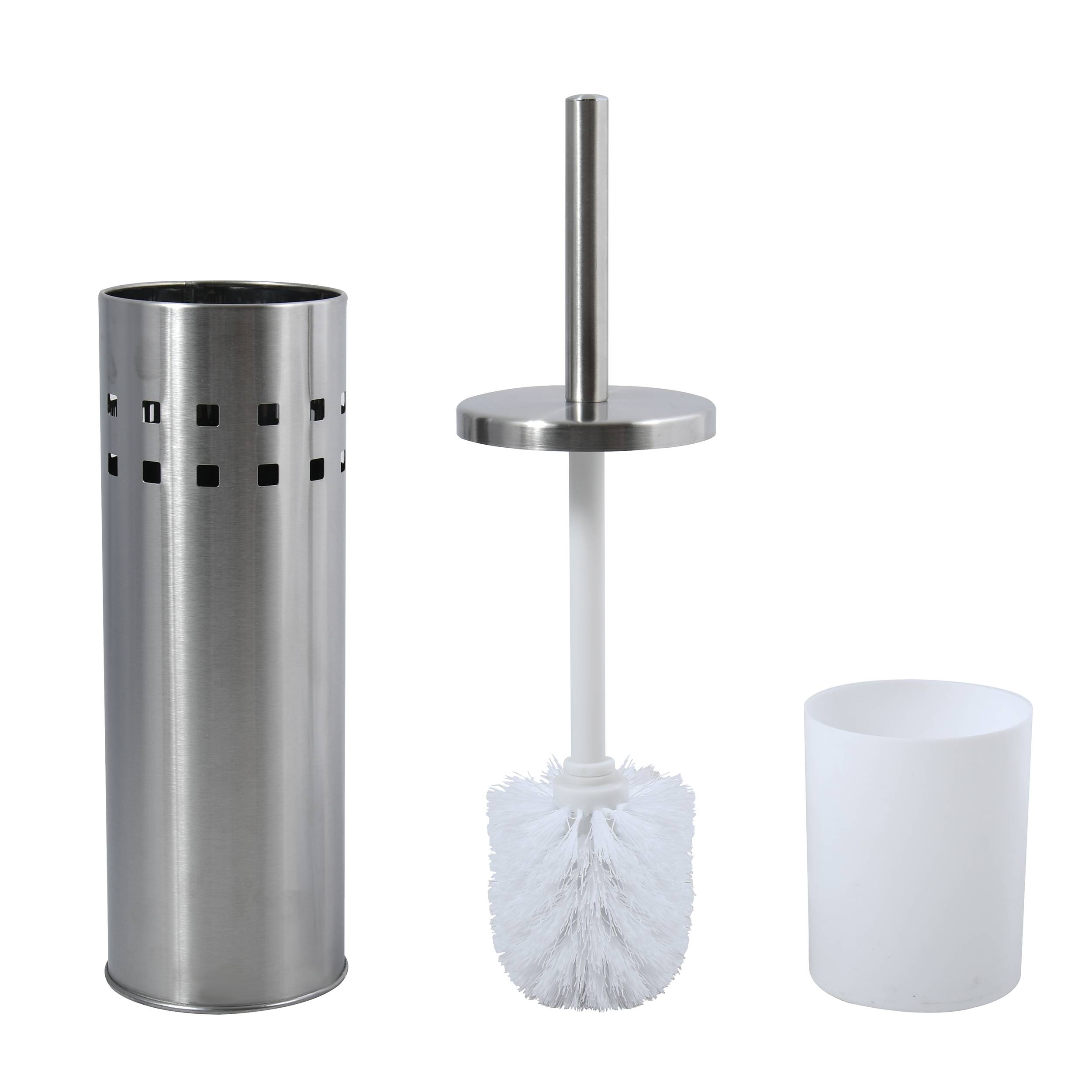 Edelstahl-Toilettenbürsten-Set mit Halter, Bürste und weißem Ersatzbürstenkopf auf neutralem Hintergrund.