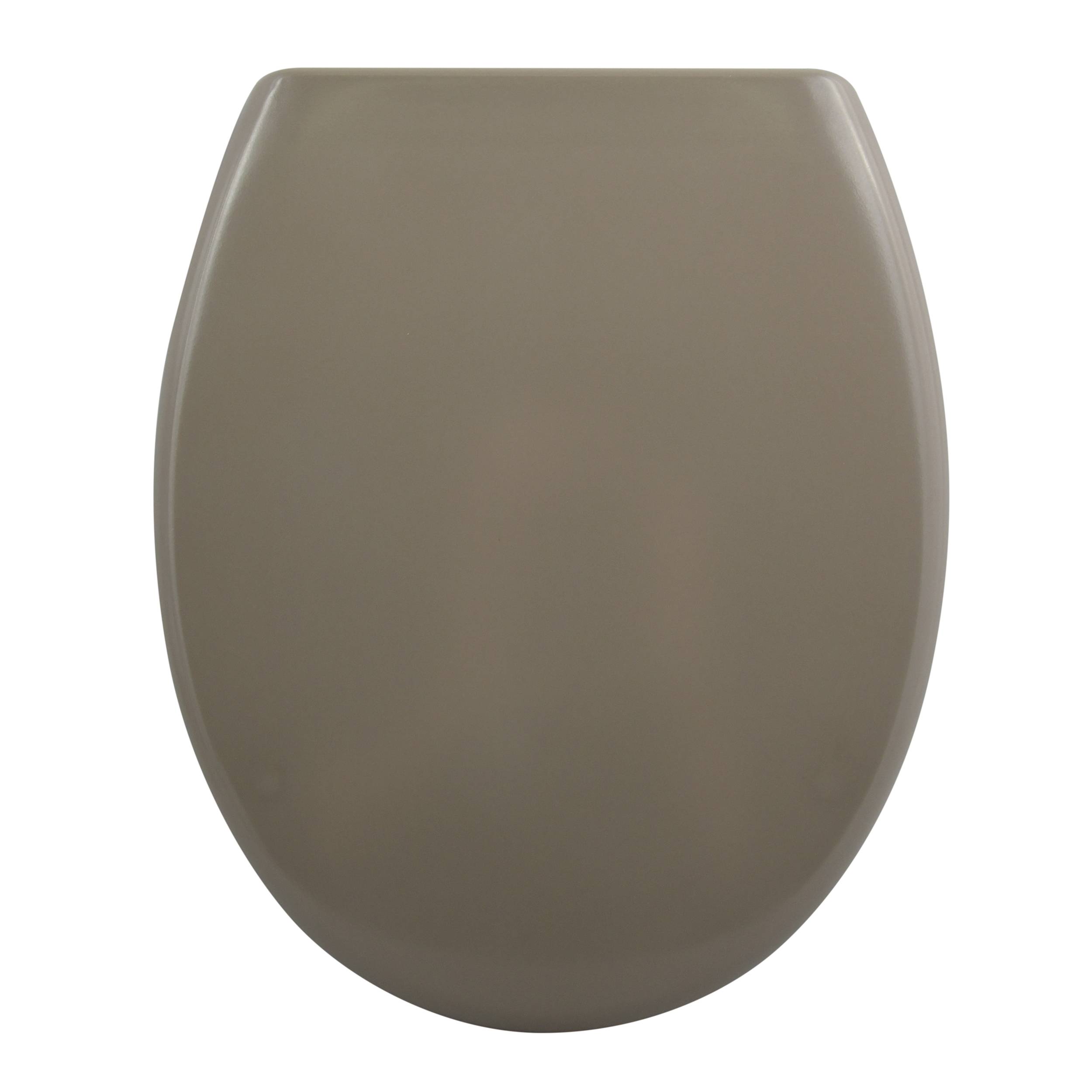 Geschlossener Toilettensitz in mattem Beige auf weißem Hintergrund.