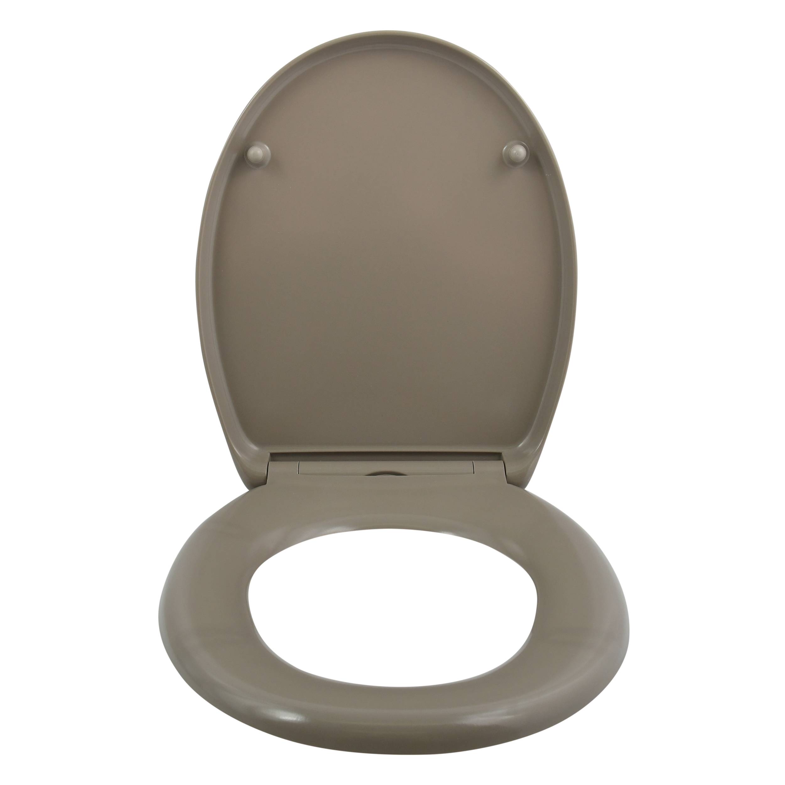 Offener Toilettensitz und Deckel in Beige, vor weißem Hintergrund dargestellt.