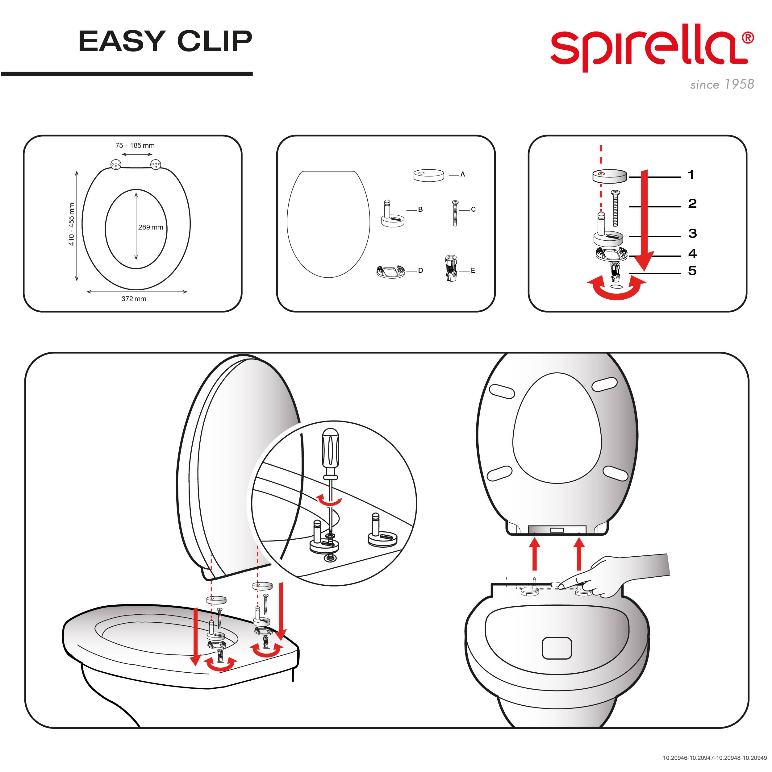 Installationsanleitung für „EASY CLIP" Toilettensitz mit Sitzabmessungen, enthaltenen Hardwareteilen und schrittweiser Befestigung an der Toilettenschüssel mit Pfeilen, die Befestigung und Einstellung anzeigen.