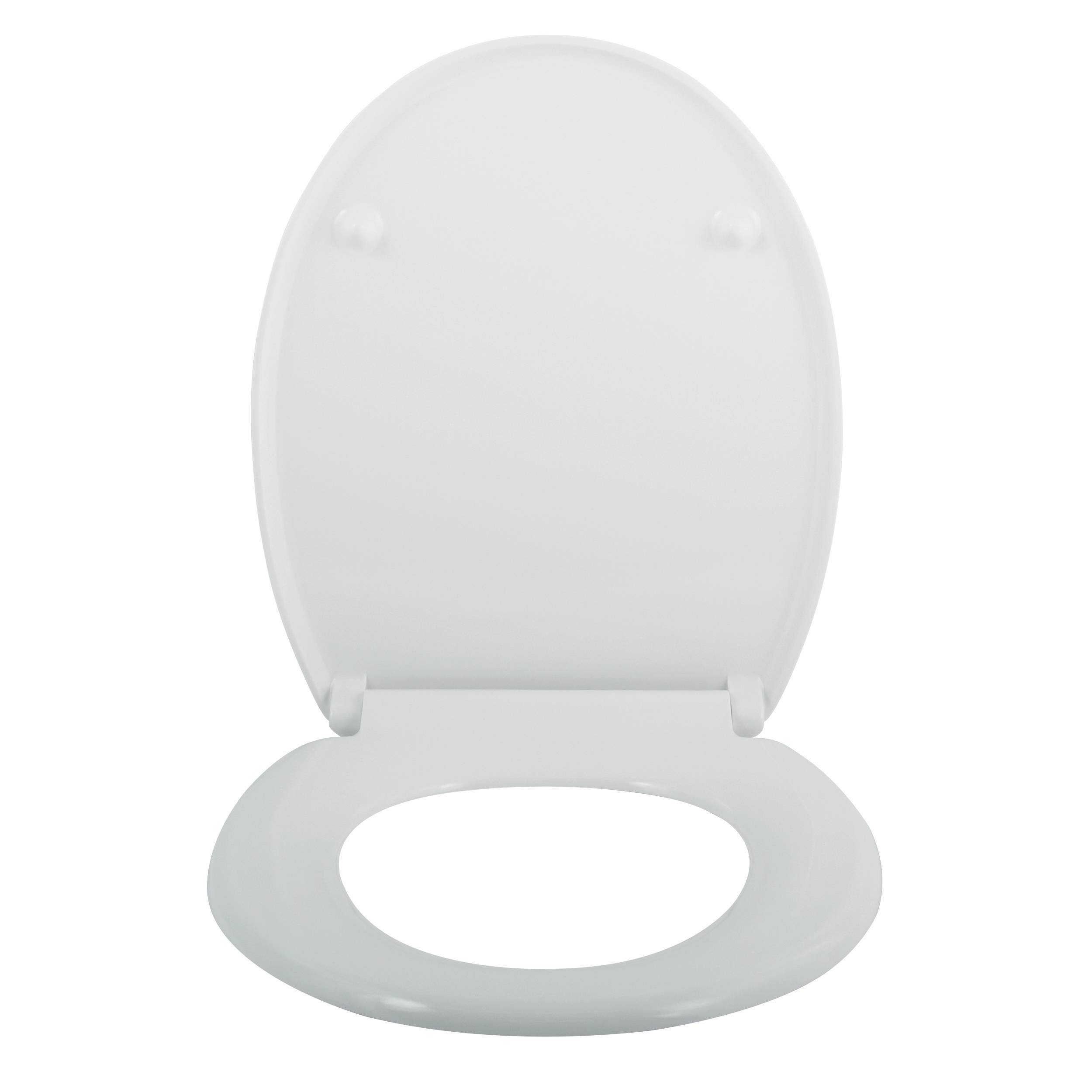 Weißer Toilettensitz mit geöffnetem Deckel, dargestellt auf einfachem Hintergrund.