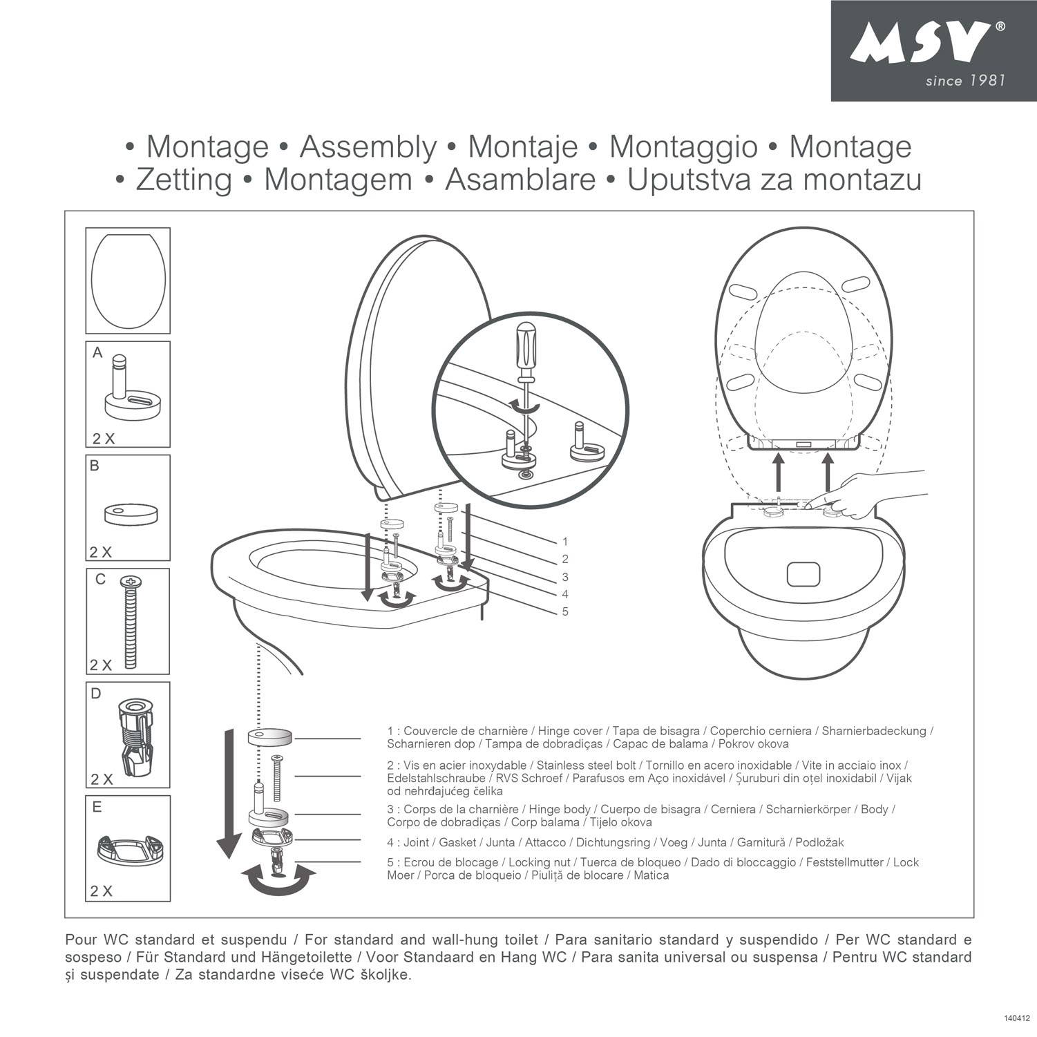 Montageanleitung für Toilettensitz und Deckel mit Teileliste und schrittweiser Montage auf der Toilettenschüssel mit Schrauben- und Scharnierbefestigung.