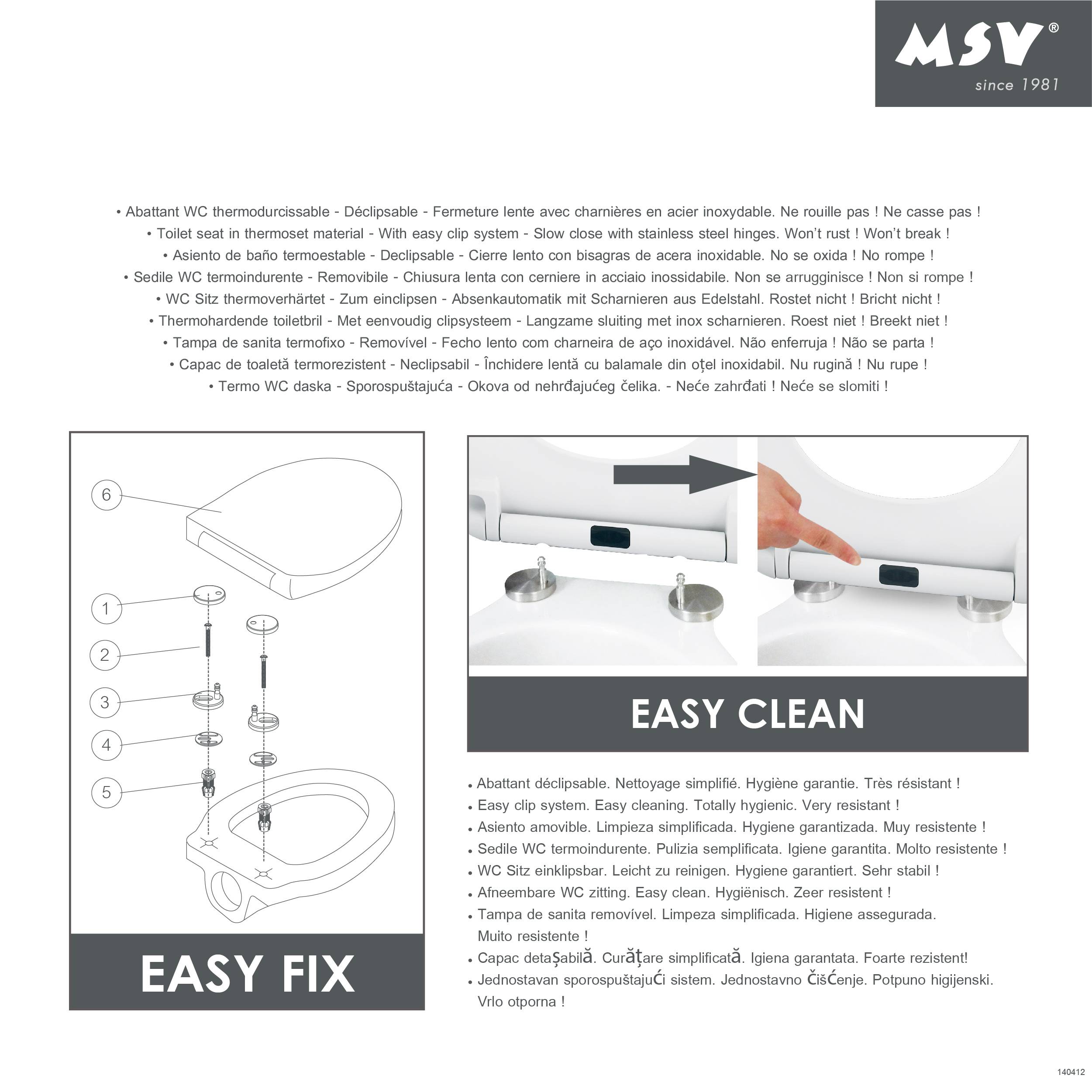 MSV Toilettensitz-Produktgrafik mit 'Easy Fix' Installationsdiagramm und 'Easy Clean' Scharnierreinigungs-Funktion, mit mehrsprachiger Funktionsliste und Logo.