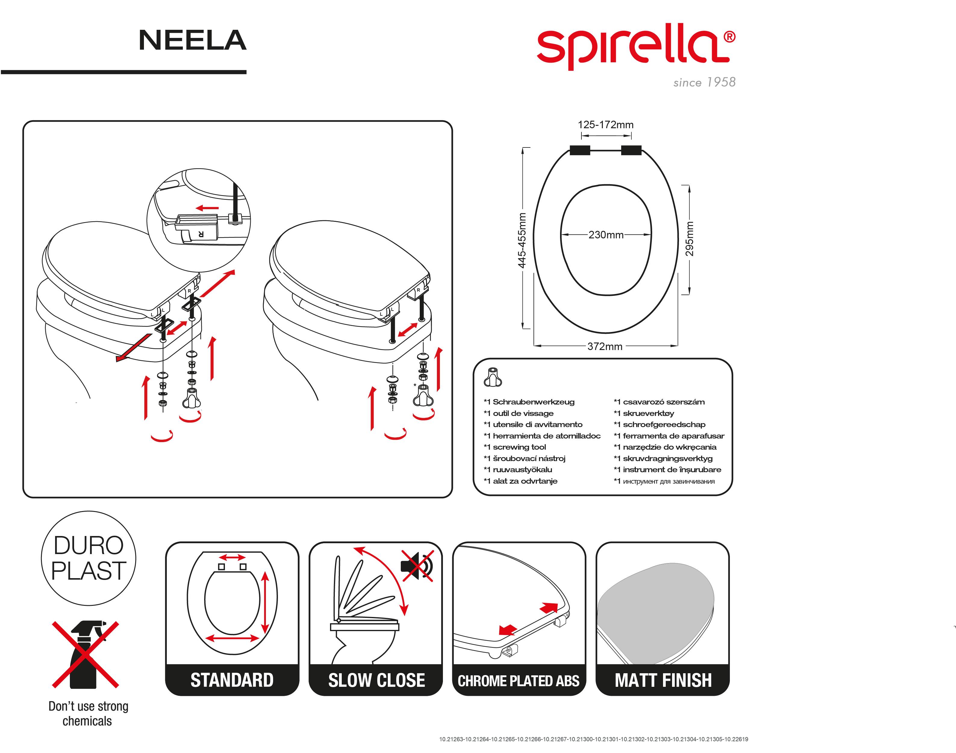 Bebilderte Montageanleitung für Spirella Neela Toilettensitze mit Installationsmaßen und verstellbaren Standard-/Softclose-Scharnier-Optionen mit Oberflächensymbolen.