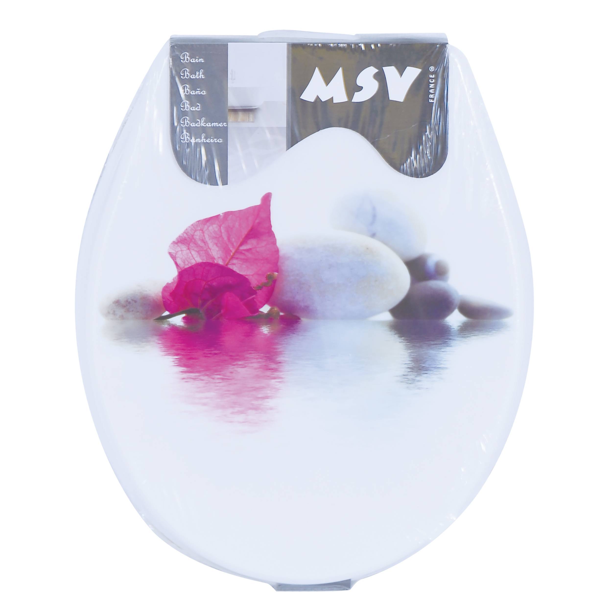 Weißer ovaler Toilettensitz mit zartem rosa Blumen- und Steindekor, gekennzeichnet mit MSV.