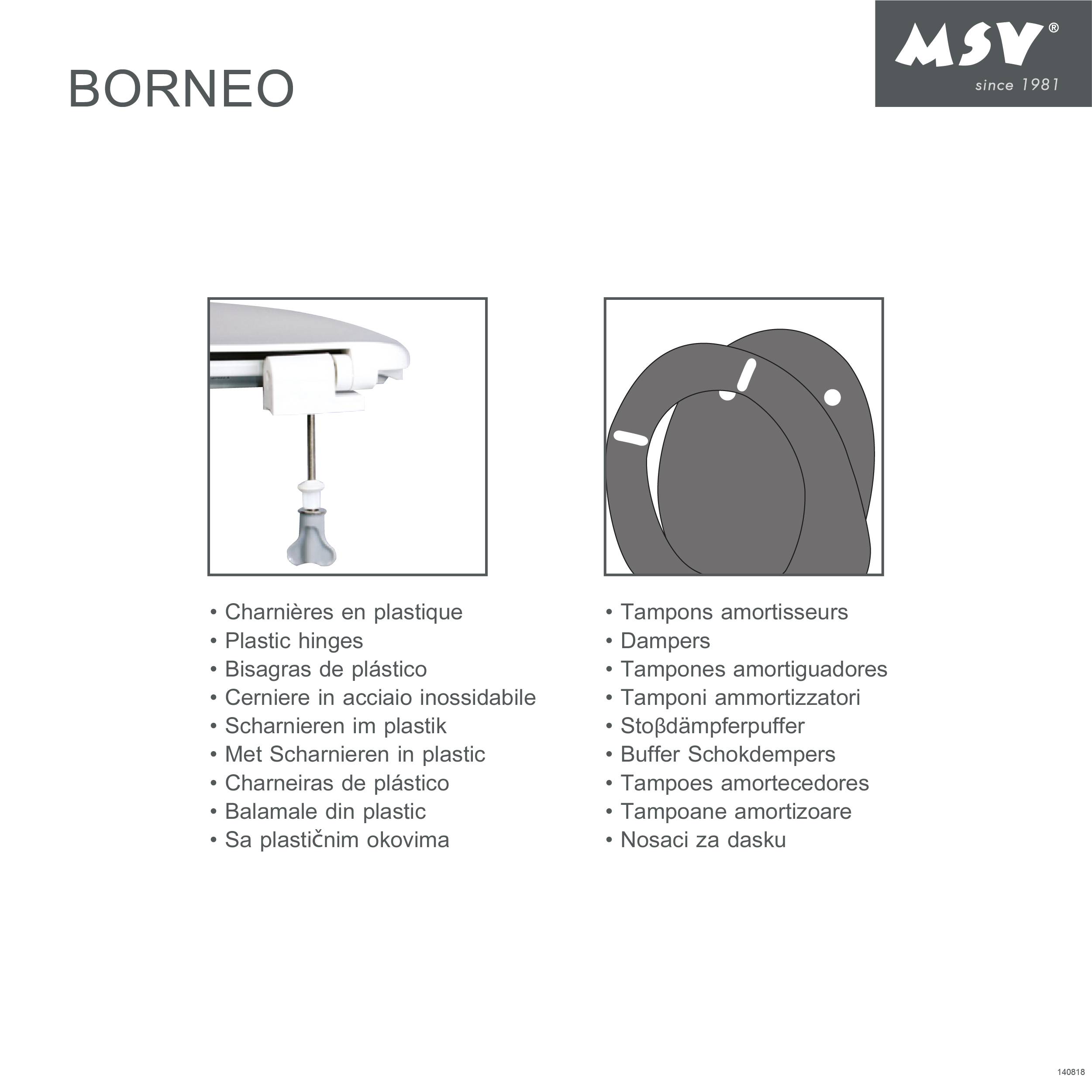 Borneo Toilettensitz mit Kunststoffscharnieren und Soft-Close-Dämpfern, dargestellt in zwei Detaildiagrammen mit mehrsprachiger Funktionsliste.