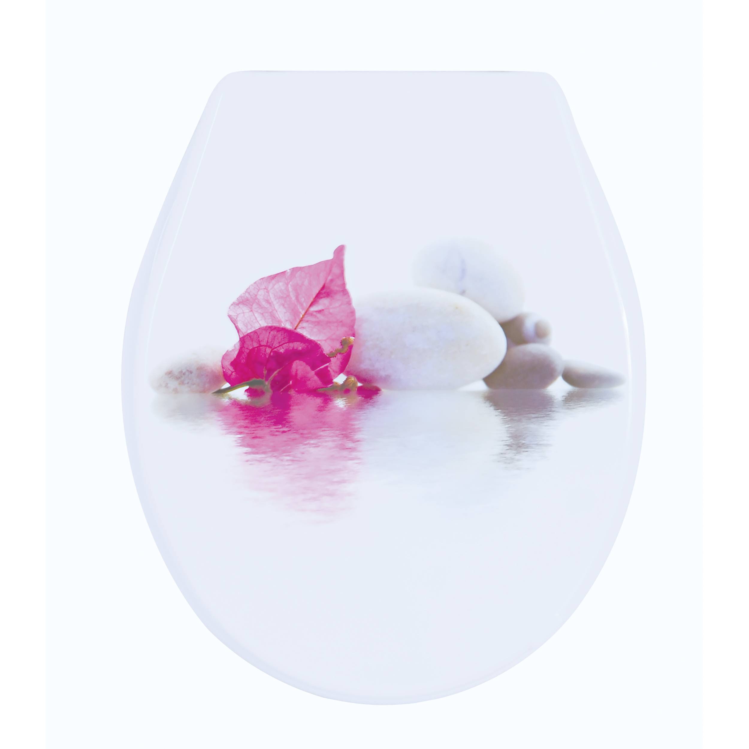 Weißer Spa-Kerzenhalter mit rosa Blütenblättern und glatten Steinen in einem mattierten, vasenförmigen Glas.