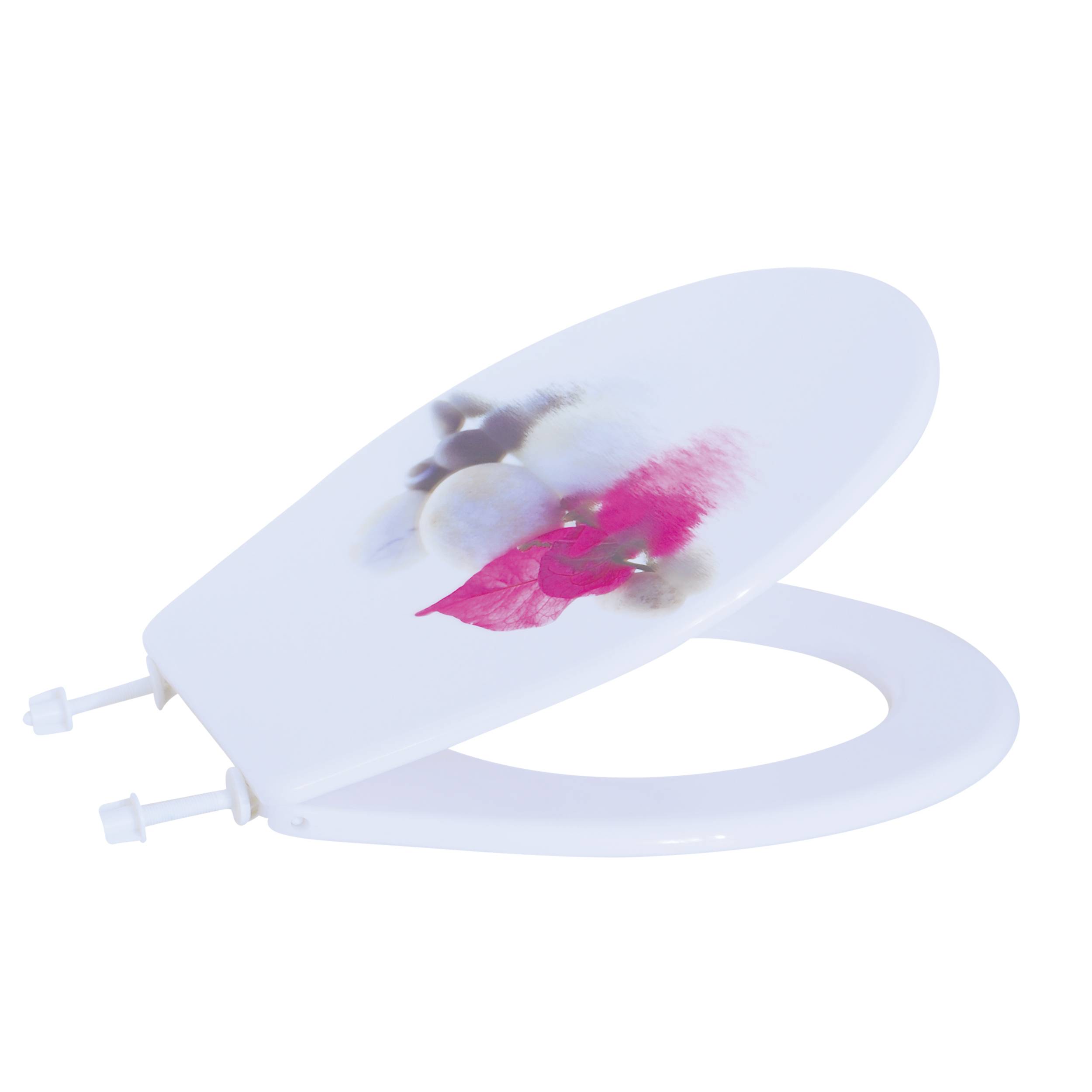 Weiße Toilettensitzschale mit rosa Blumenmuster und mattiertem durchscheinendem Ring auf einem einfachen weißen Hintergrund.