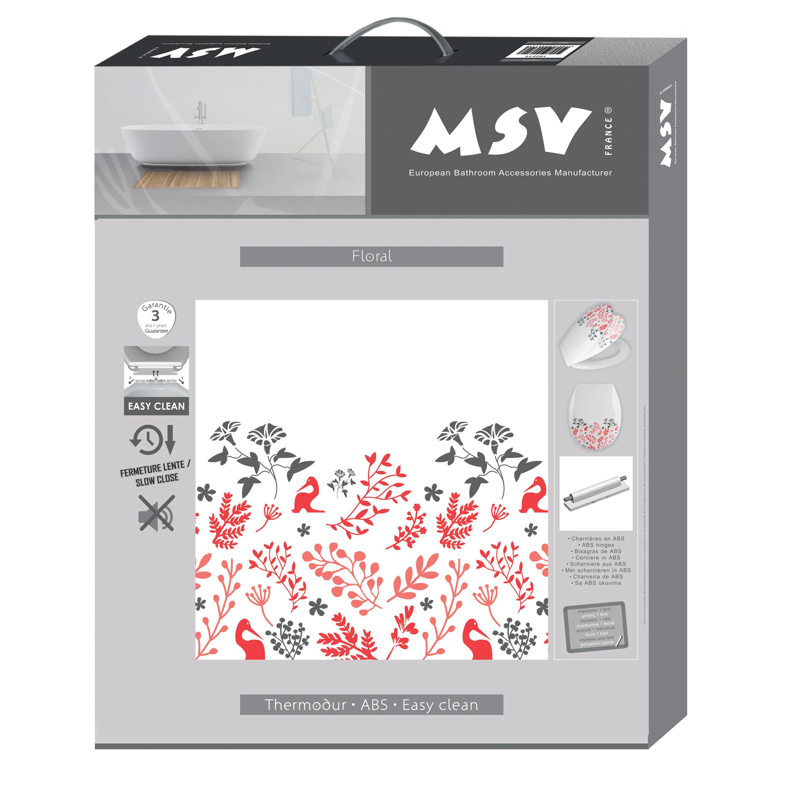 Verpackung für eine MSV-Badevorleger oder Toilettensitzauflage "Floral"" mit einem roten, grauen und schwarzen Blumenmuster und Produktmerkmalen wie ""leicht zu reinigen"" und ""thermoeur"