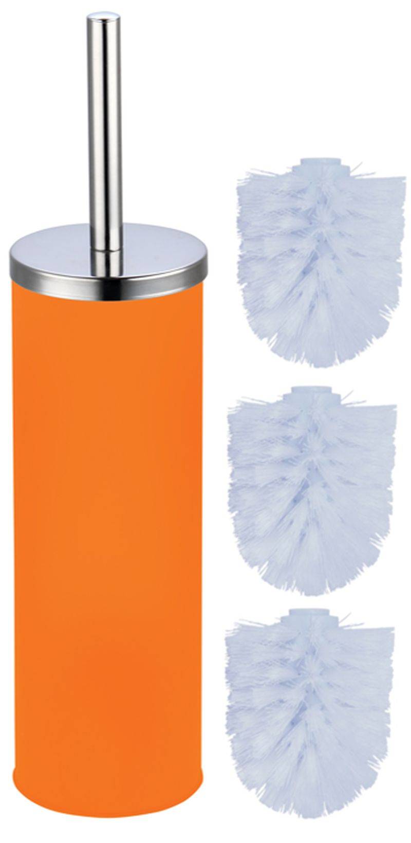 Orangefarbener Toilettenbürstenhalter mit silbernem Griff und drei weiße Ersatzbürstenköpfe daneben abgebildet.