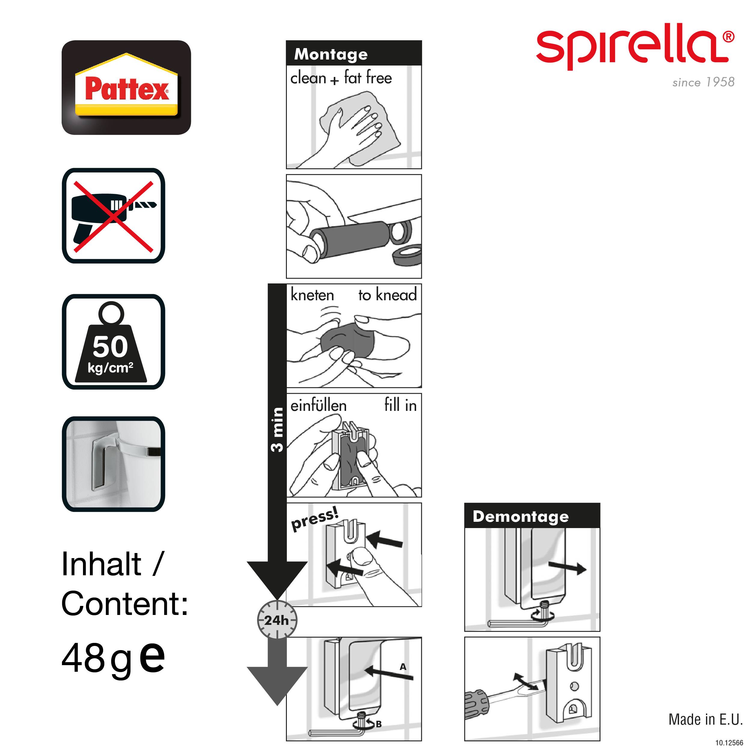 Pattex Spirella Klebstoff-Packungsanleitung mit Reinigung, Kneten, Füllen, Drücken, 3-Minuten-Aushärtung und 24-Stunden-Aushärtung, mit 48 g Inhalt und Entfernungsschritten.
