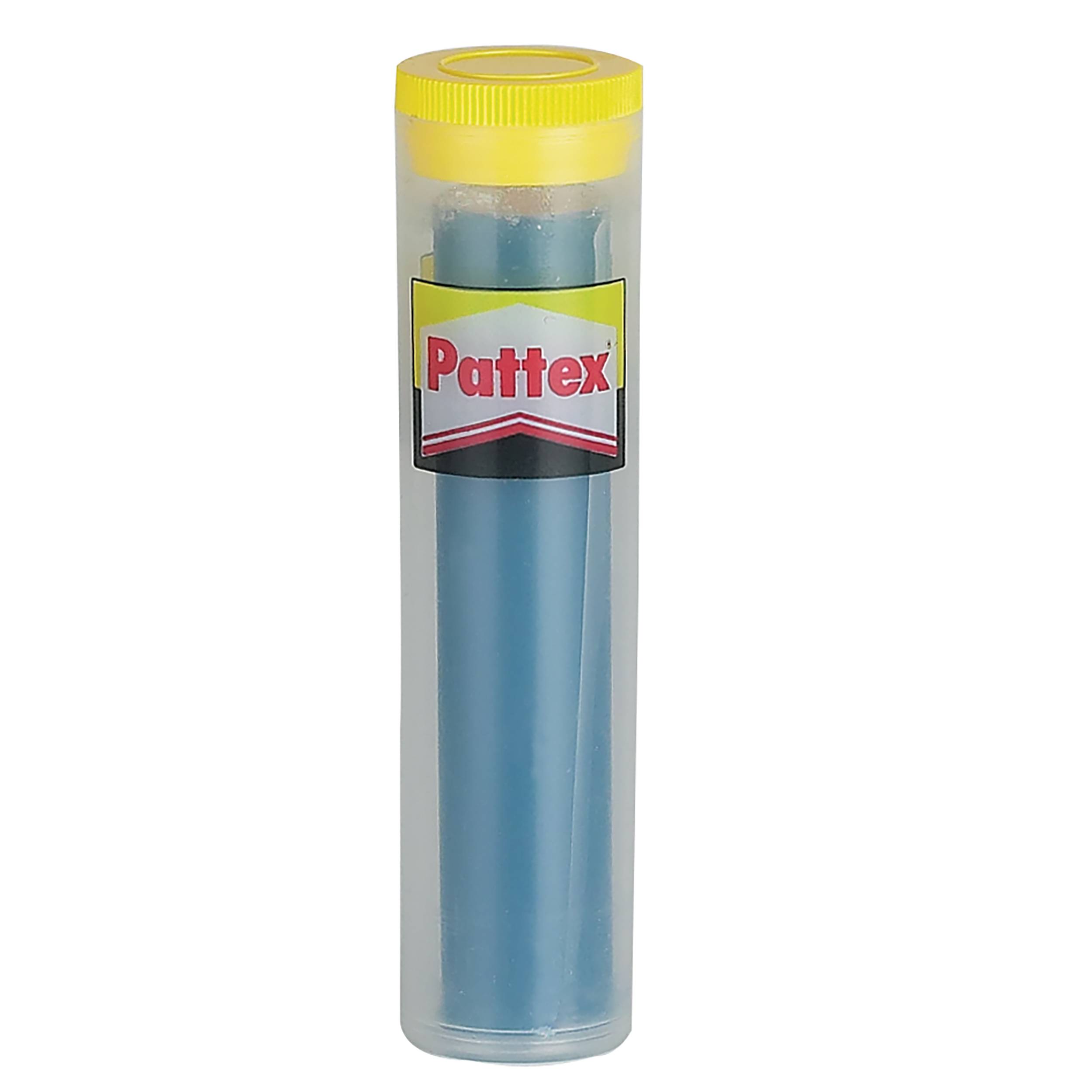 Durchsichtige zylindrische Röhre mit gelbem Deckel, die einen blauen Pattex-Klebestift enthält.