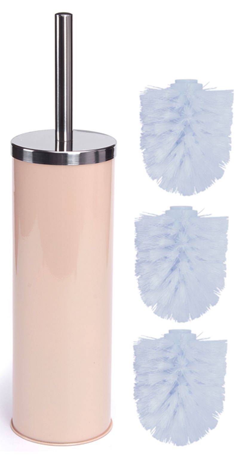 Toilettenbürsteset mit rosa Halter und drei hellblauen Ersatzbürste-Köpfen auf weißem Hintergrund dargestellt.