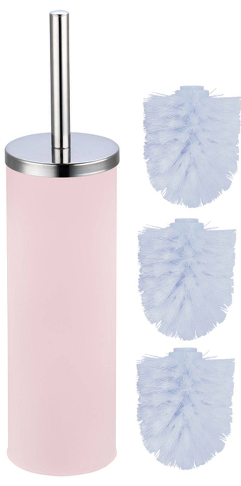 Rosa Toilettenbürsten-Halter mit silbernem Griff und drei blauen Ersatz-Bürstenköpfen daneben angezeigt.
