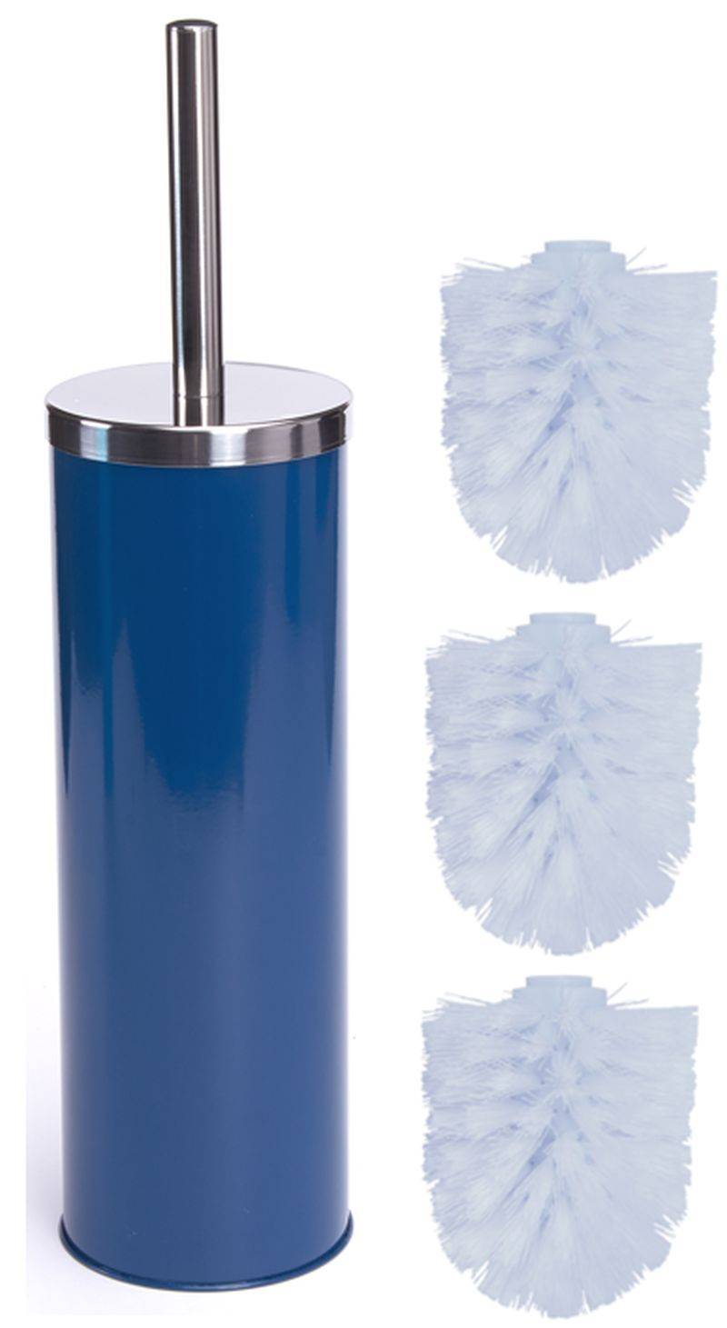 Blauer Toilettenbürsten-Behälter mit Metallgriff und drei weiße Bürstenköpfe daneben abgebildet.