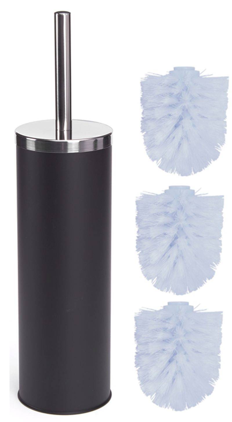 Schwarzer Toilettenbürsten-Halter mit Edelstahlgriff und drei hellblauen Ersatzbürsten-Köpfen