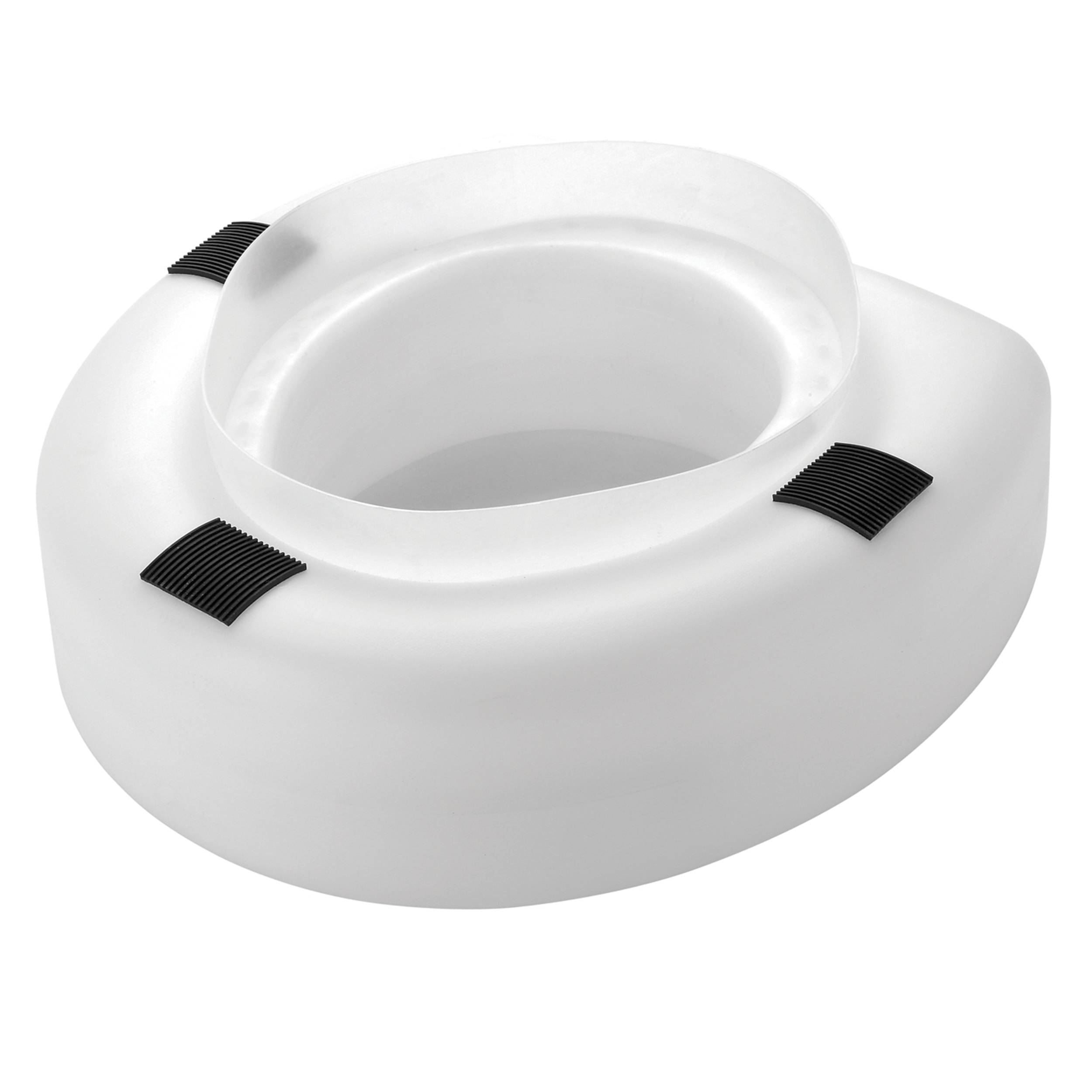 Weißer aufblasbarer Toilettensitzring mit drei schwarzen Klettriemen auf einfachem Hintergrund.