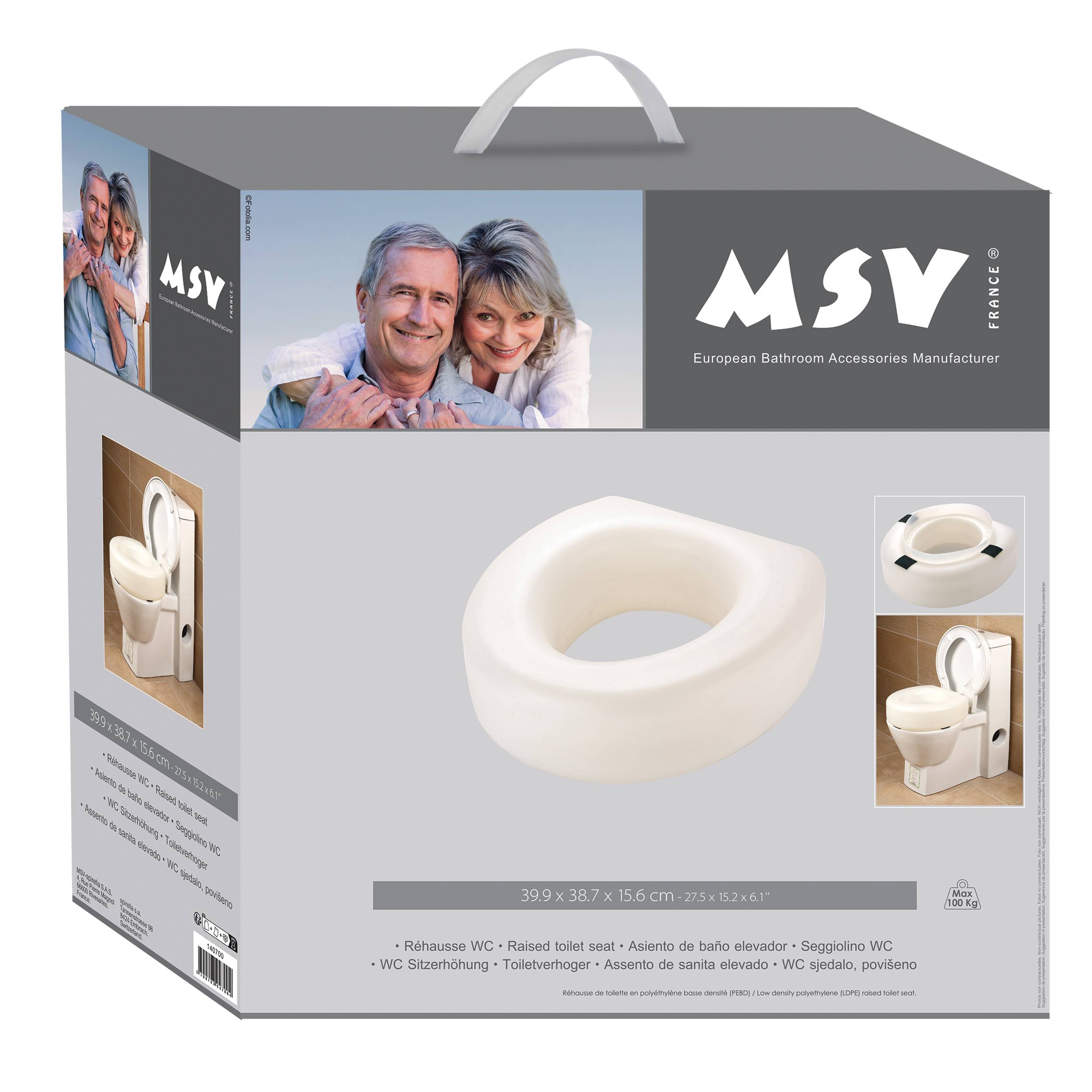 Produktverpackung für einen MSV Toilettensitzerhöher, der weiße Sitz in der Mitte mit Fotos der installierten Montage auf der Toilette und das MSV-Logo.