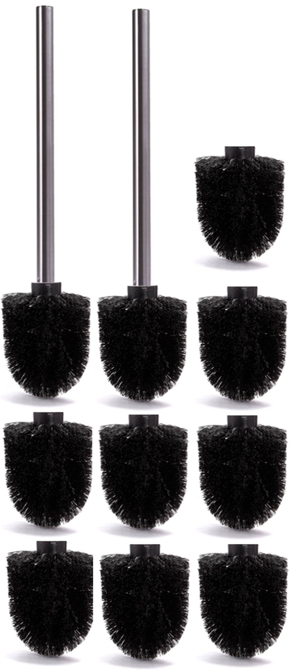 Neun schwarze Toilettenbürsten-Köpfe mit zwei silbernen Griffen, angeordnet in einer Produktpräsentation auf weißem Hintergrund.