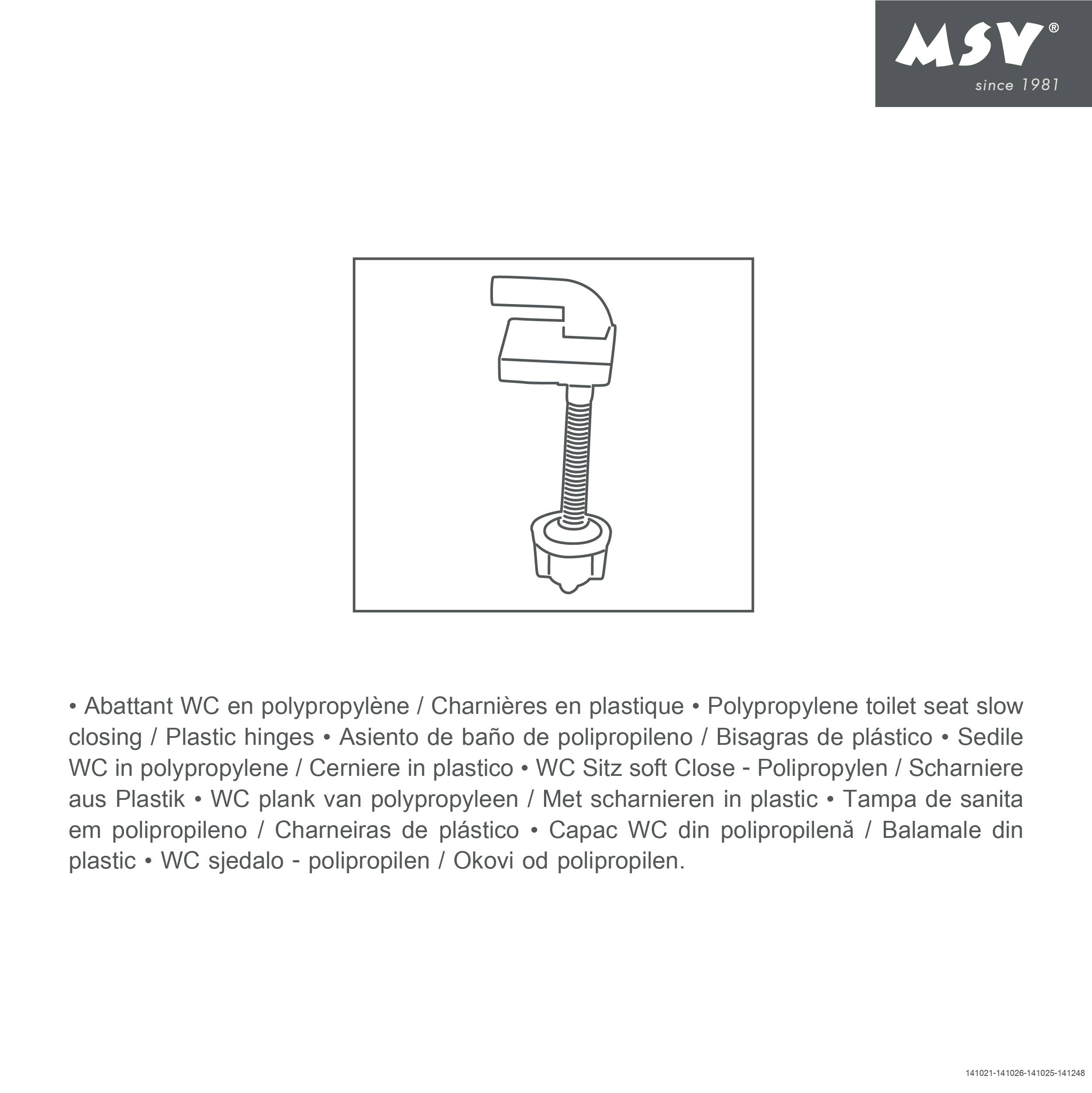 # MSV Kunststoff-Toilettendeckel-Scharnier/Soft-Close-Mechanismus, abgebildet in einer Box mit MSV-Branding und mehrsprachiger Produktbeschreibung darunter.